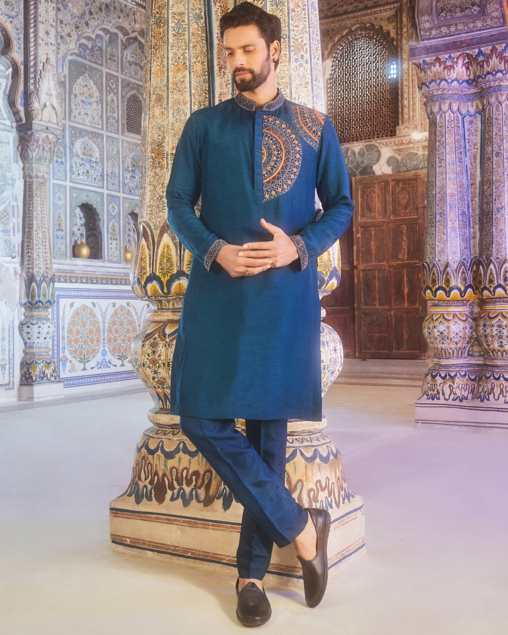 Teal Blue One Side Embroidered Kurta Set