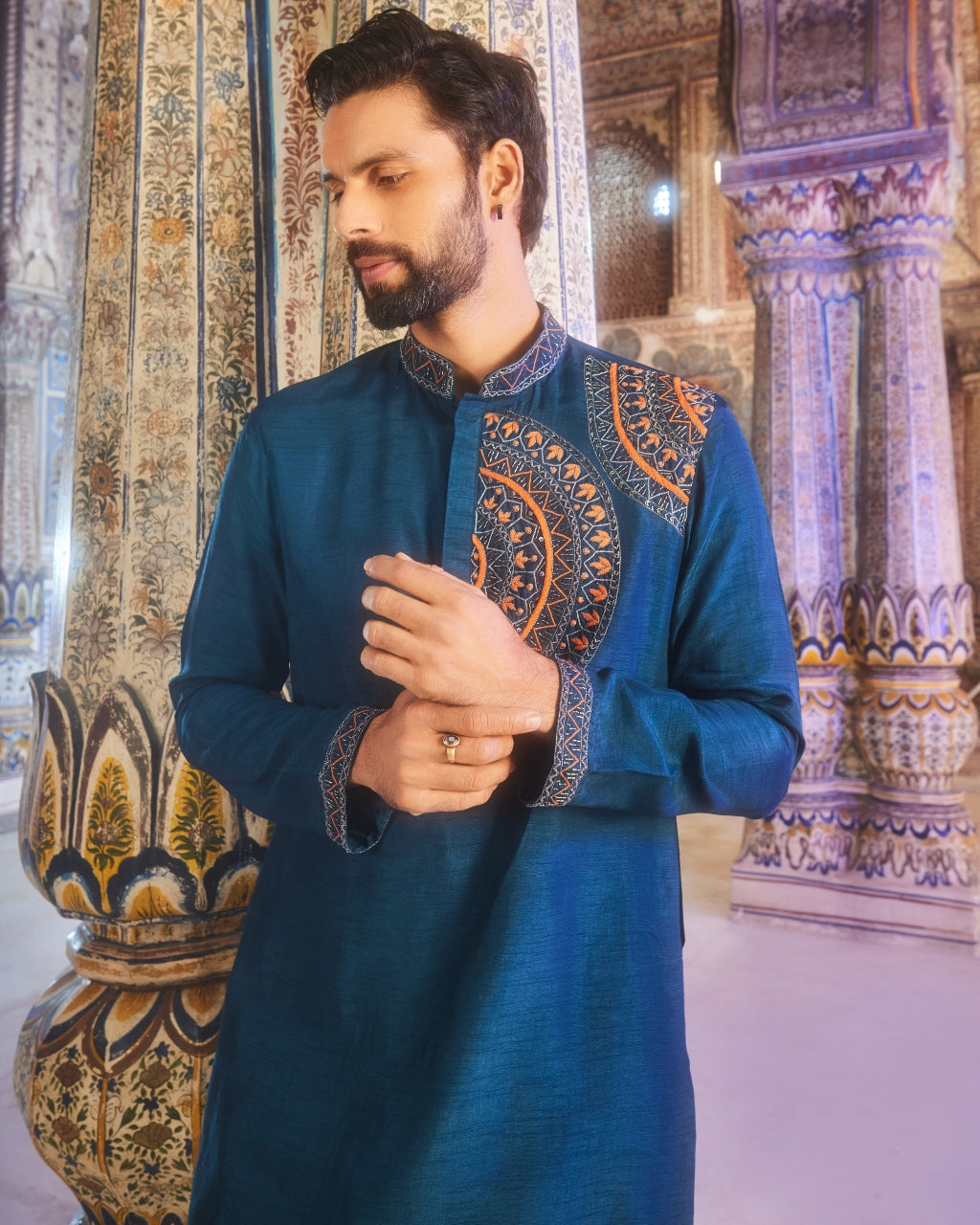 Teal Blue One Side Embroidered Kurta Set