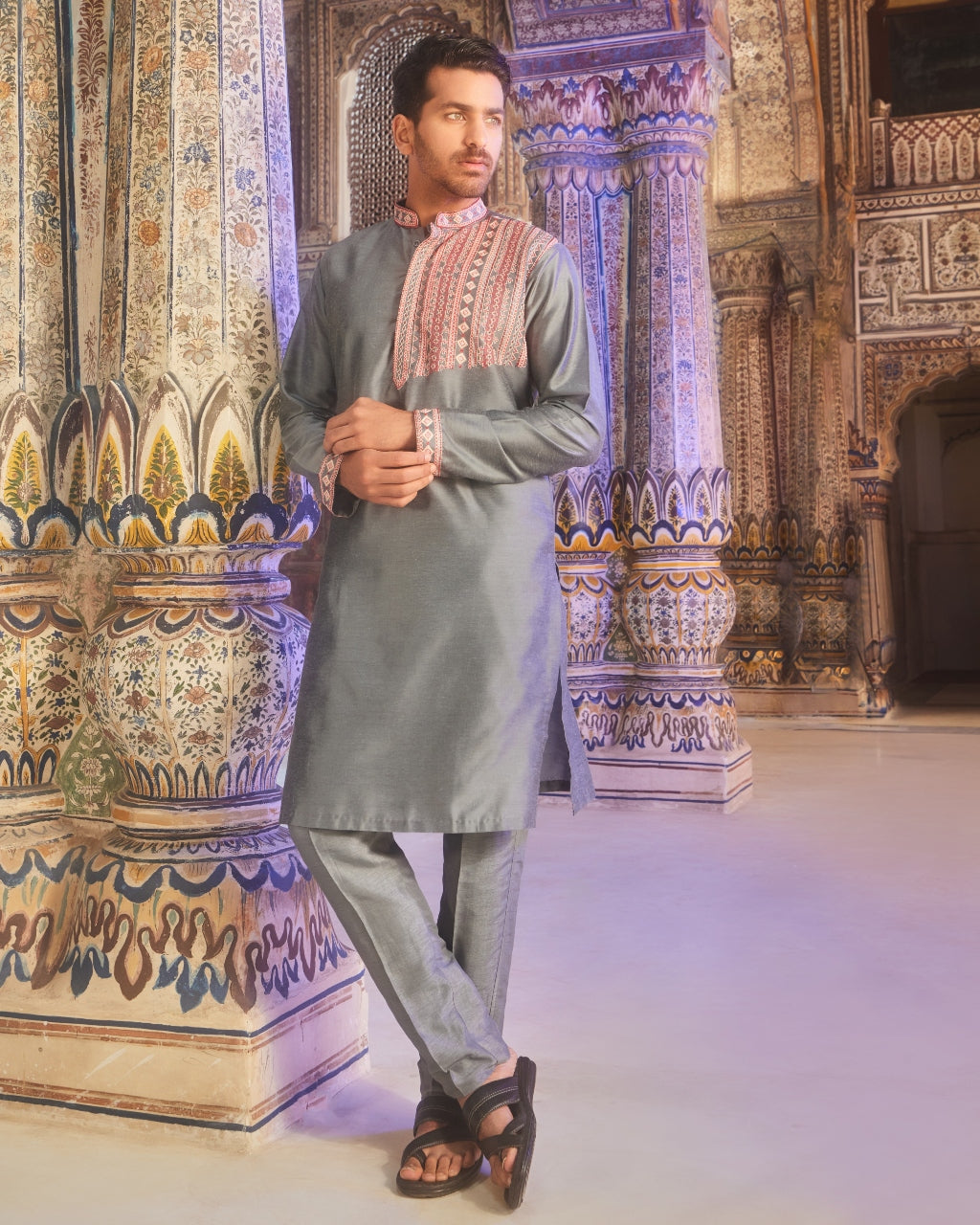 Gray One Side Thread Embroidered Kurta Set