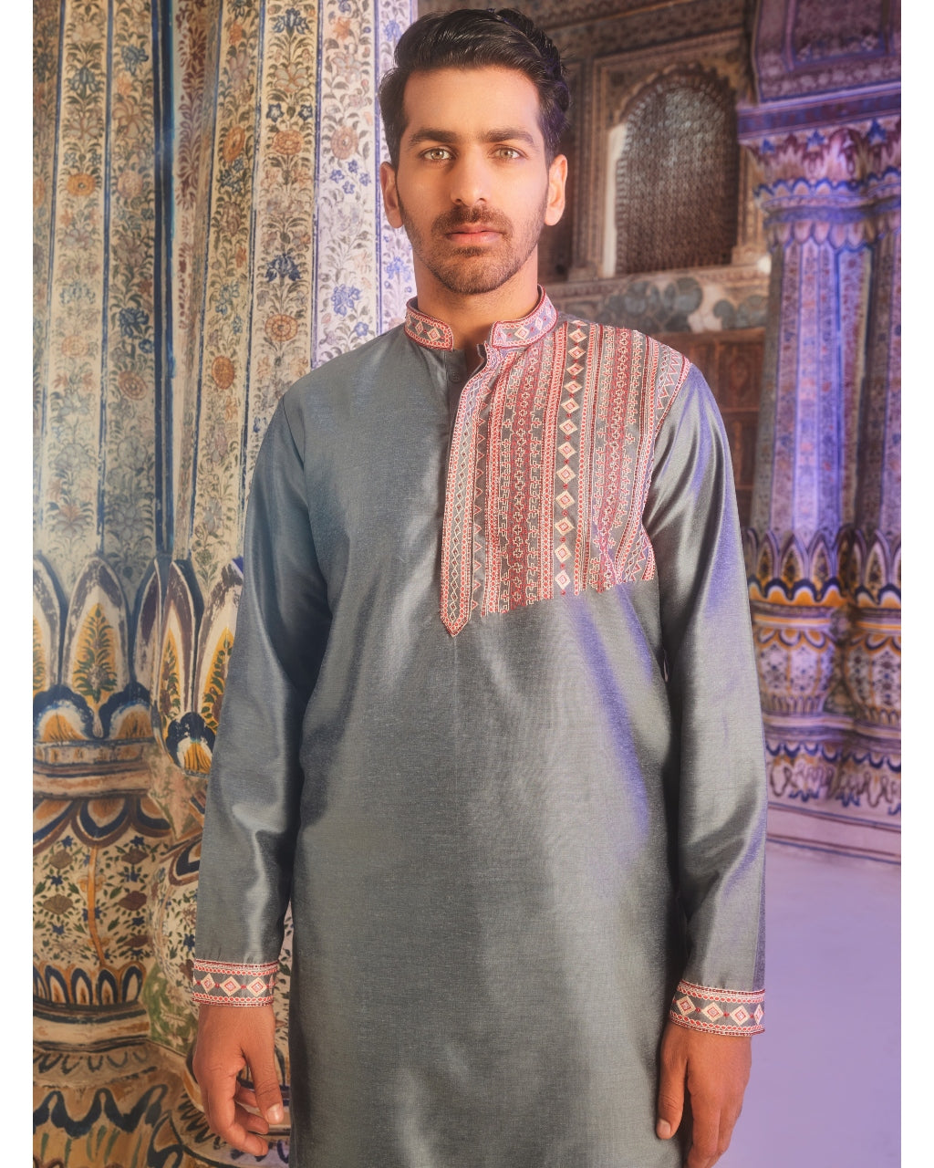 Gray One Side Thread Embroidered Kurta Set