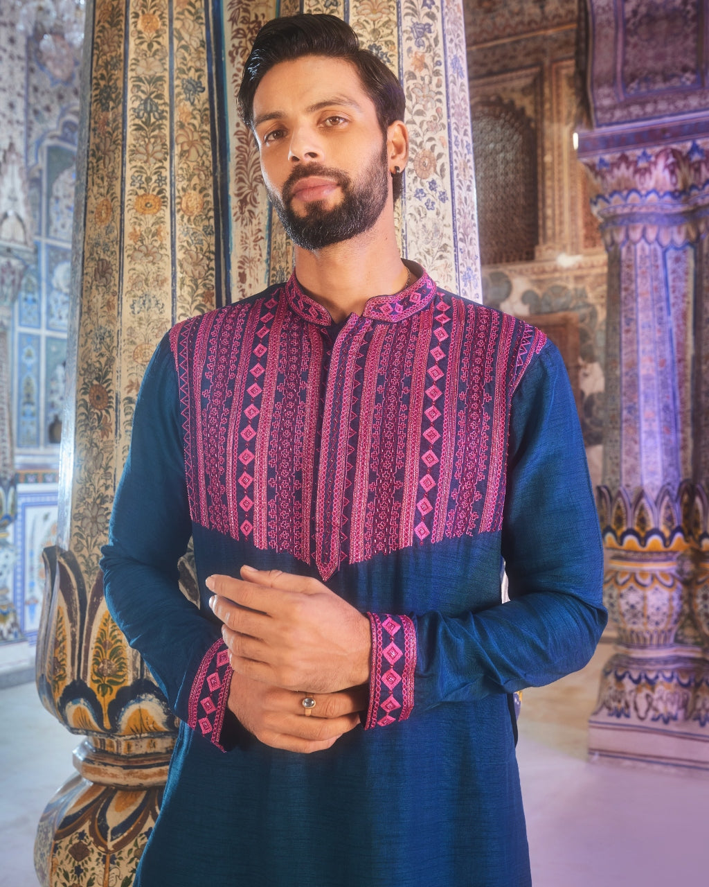 Teal Blue Thread And Cutdana Embroidered Kurta Set