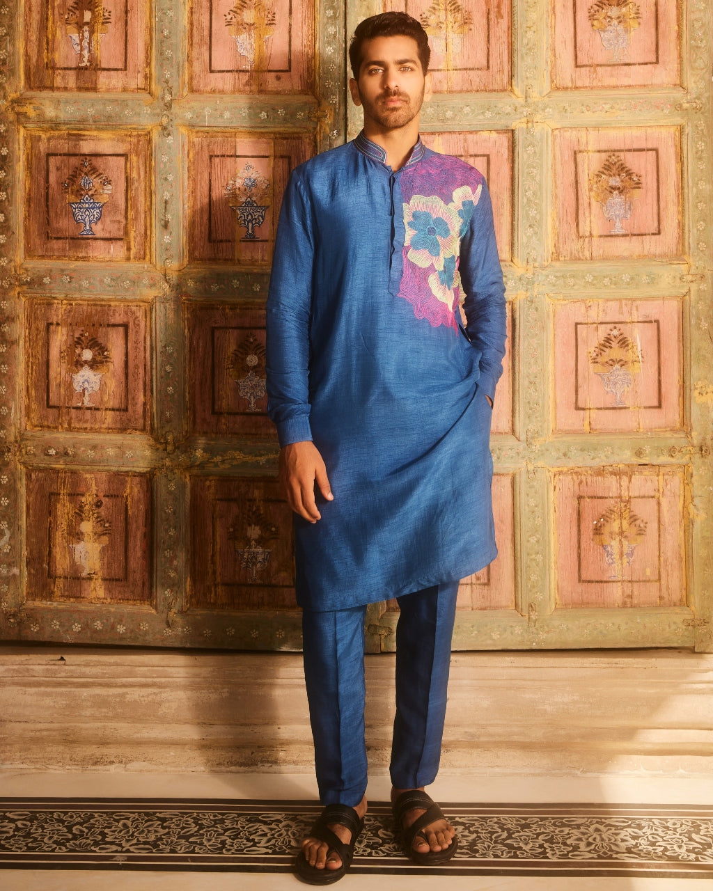 Indigo One Side Embroidered Kurta Set