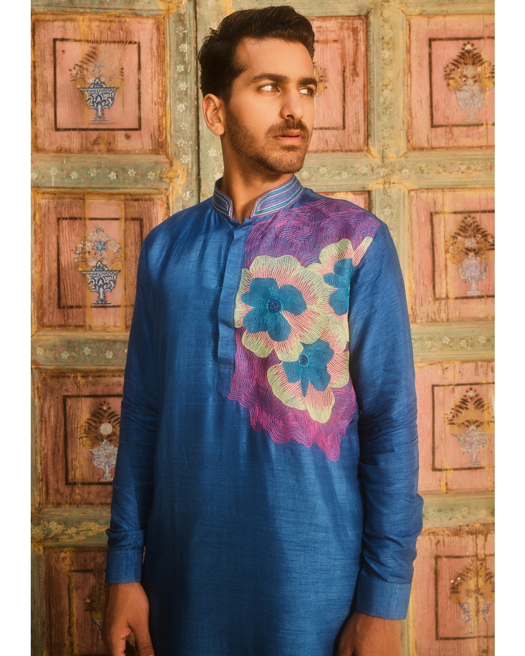 Indigo One Side Embroidered Kurta Set