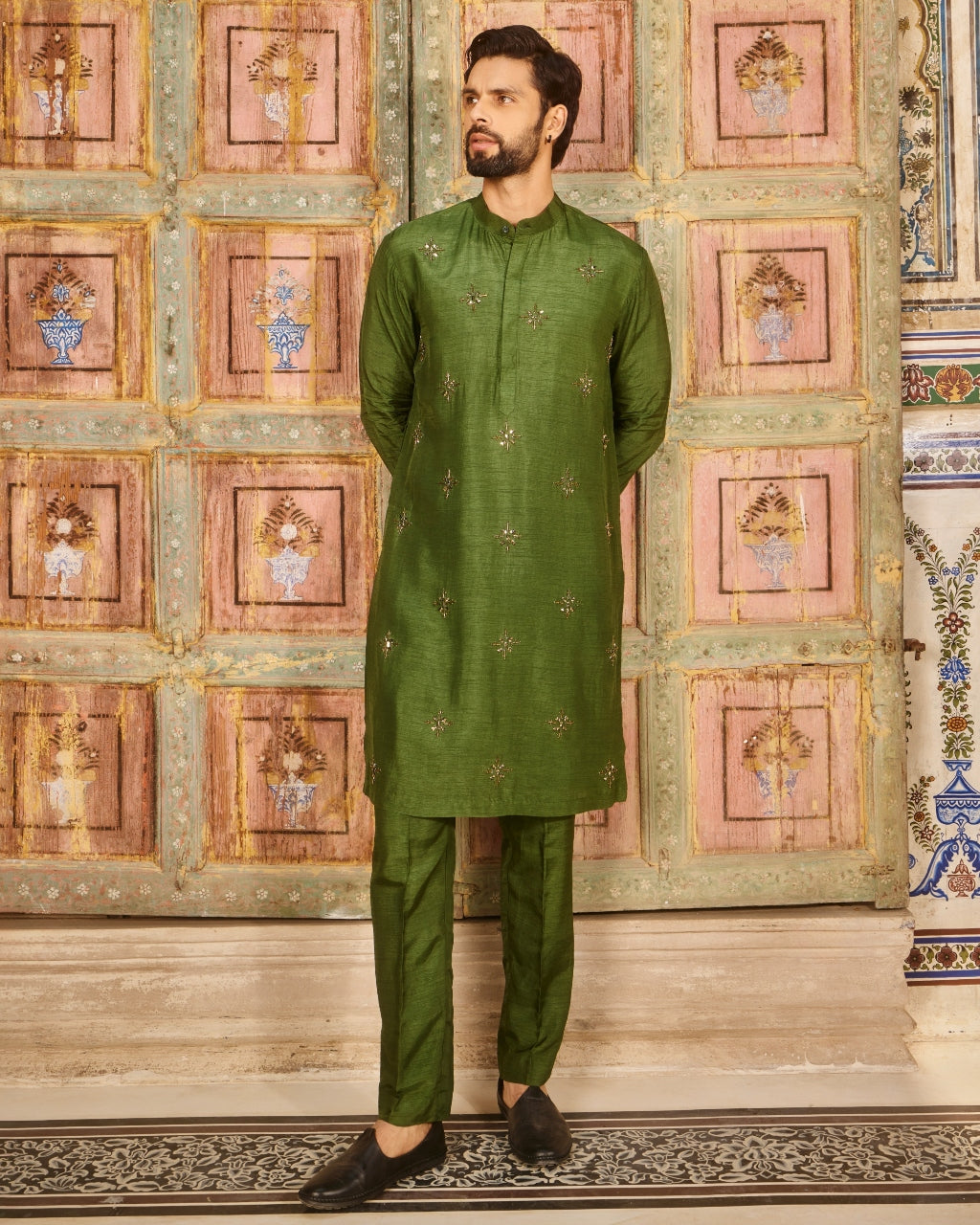 Olive Green Metallic Embroidered Kurta Set