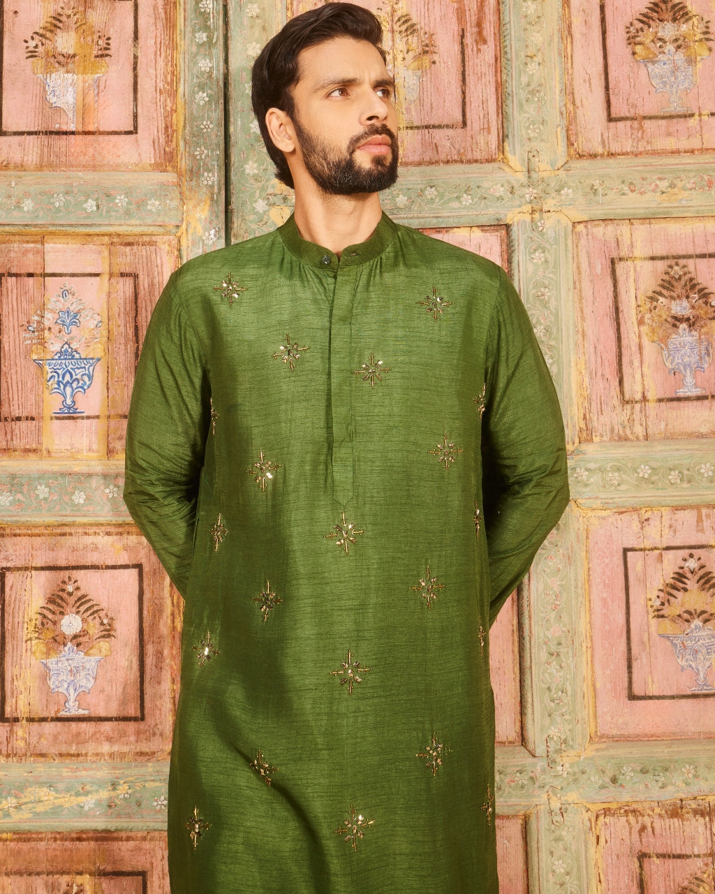 Olive Green Metallic Embroidered Kurta Set