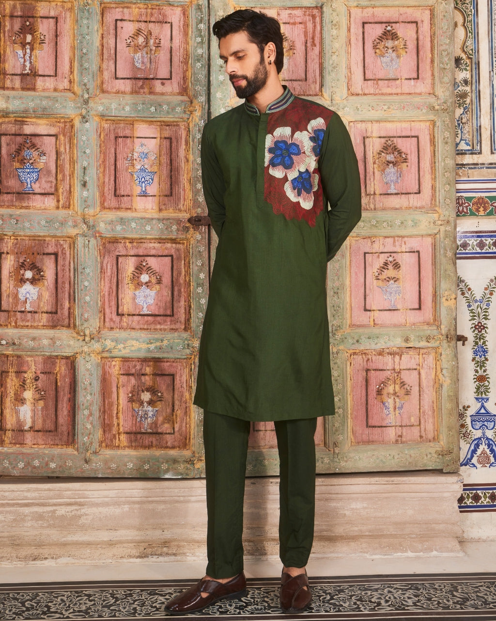 Olive Green One Side Embroidered Kurta Set