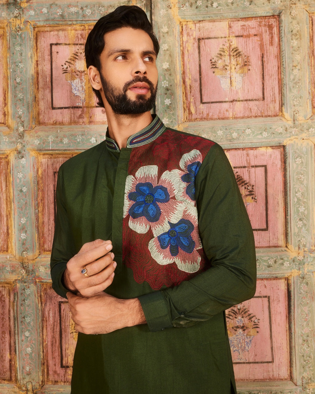 Olive Green One Side Embroidered Kurta Set