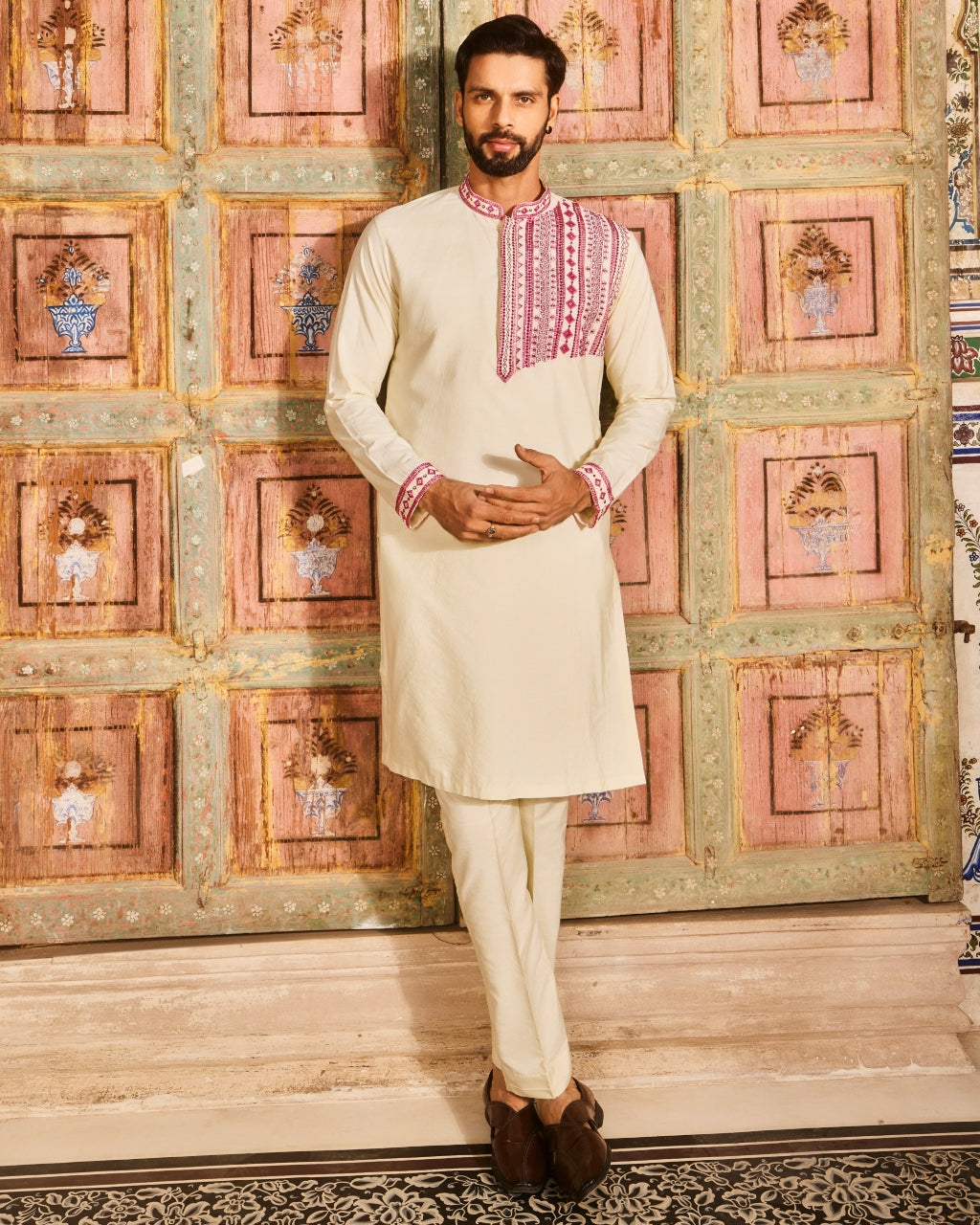 Pastel Yellow One Side Embroidered Kurta Set