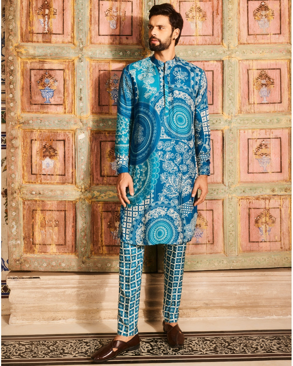 Teal Blue Thikri Printed Kurta Set