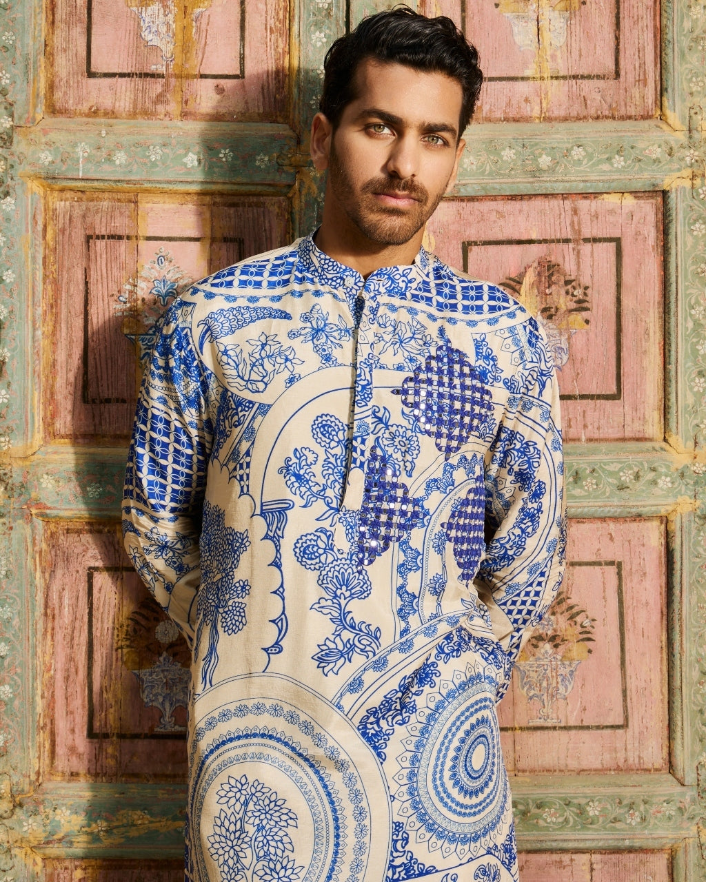 Indigo Blue Thikri Print and Highlighted Kurta Set