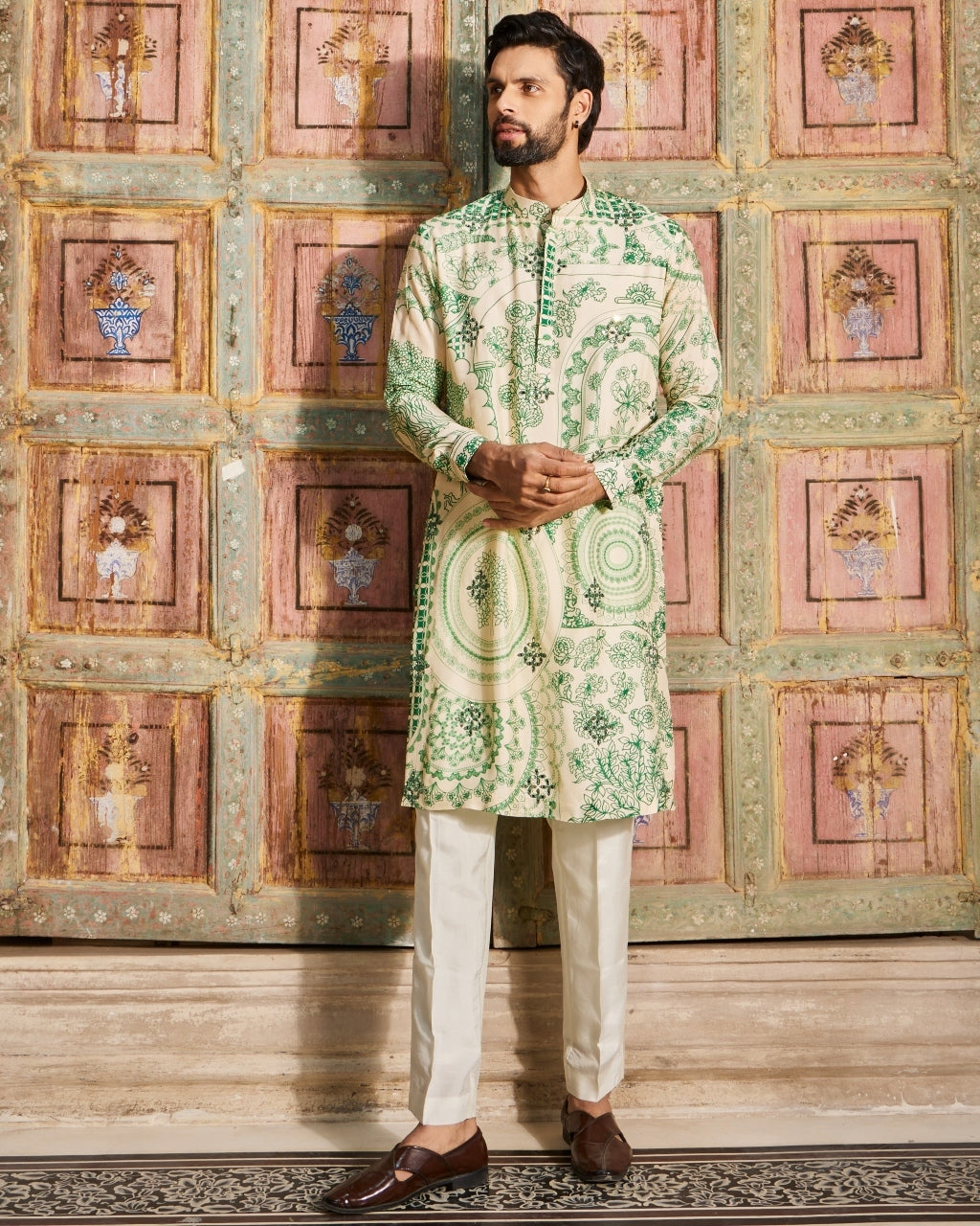 Dark Green Thikri Print and Highlighted Kurta Set