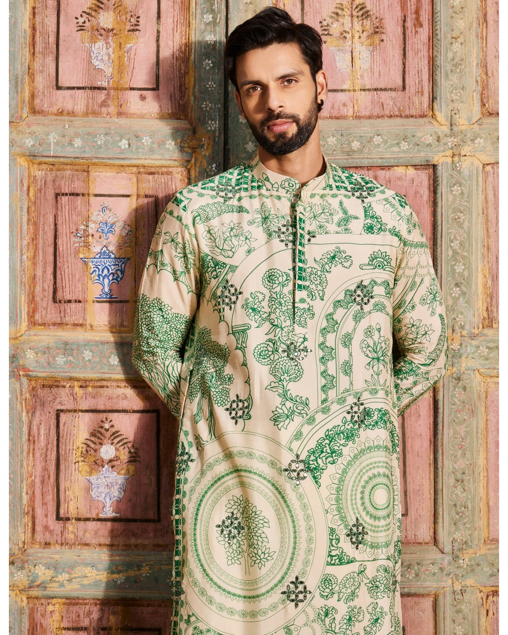 Dark Green Thikri Print and Highlighted Kurta Set