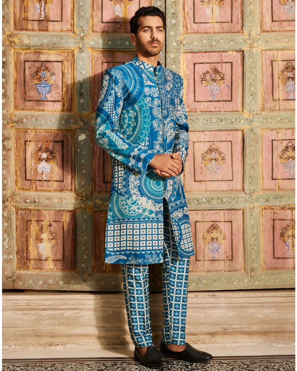 Teal Blue Thikri Print and Highlighted Long Jacket Set