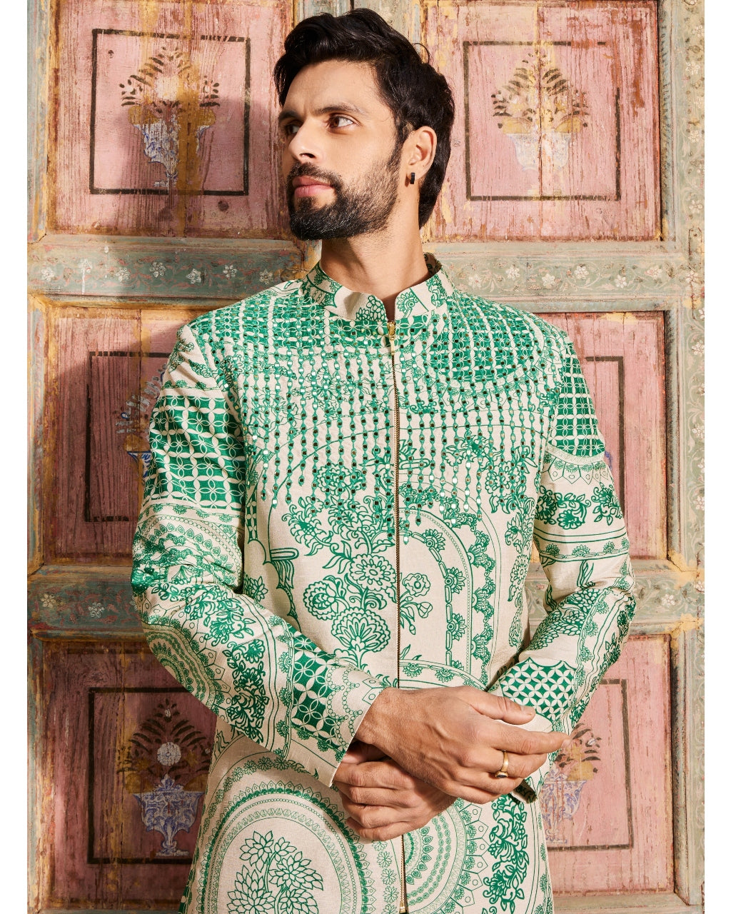 Dark Green Thikri Print and Highlighted Long Jacket Set