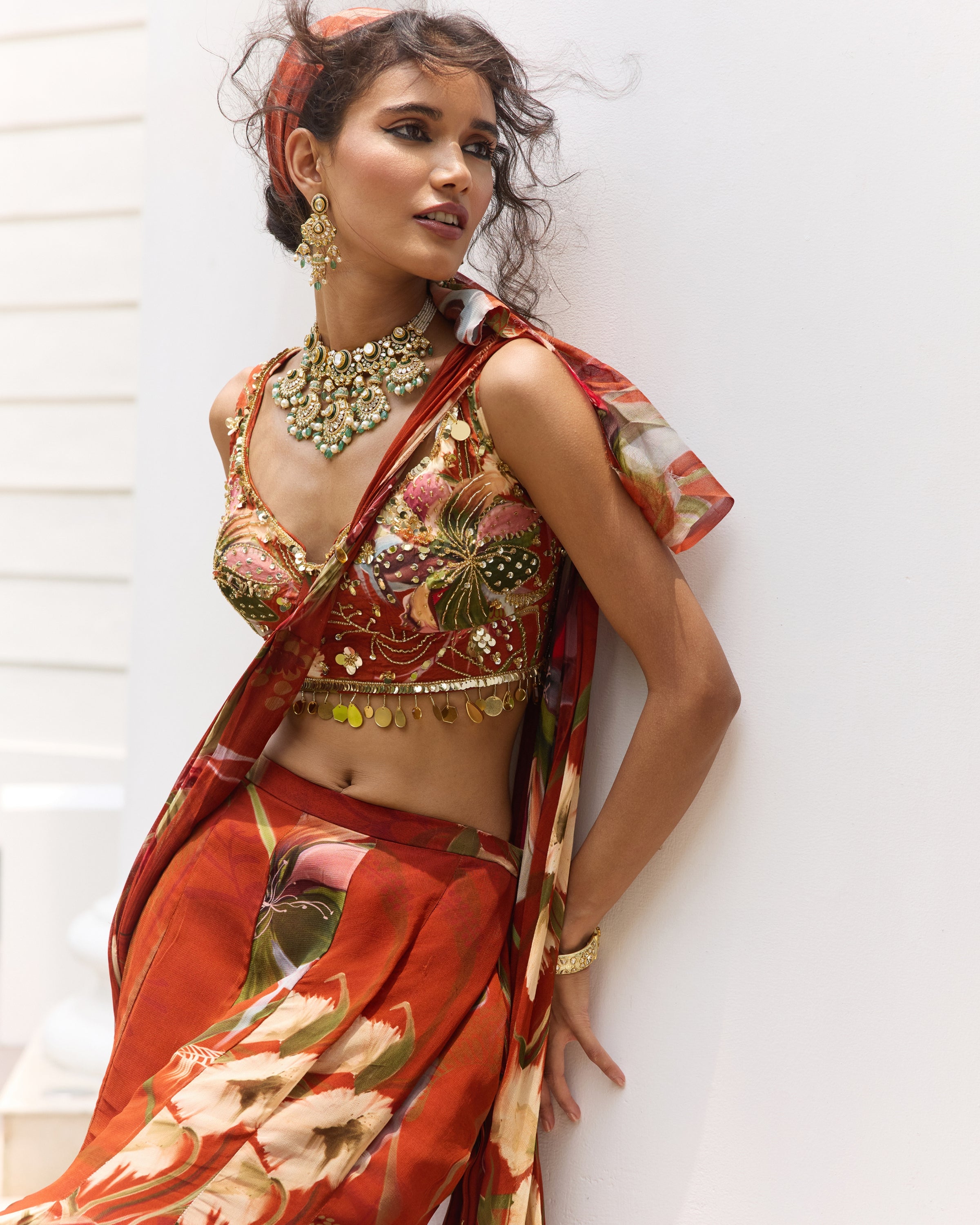 Rust Floral Print Mermaid Sari Set