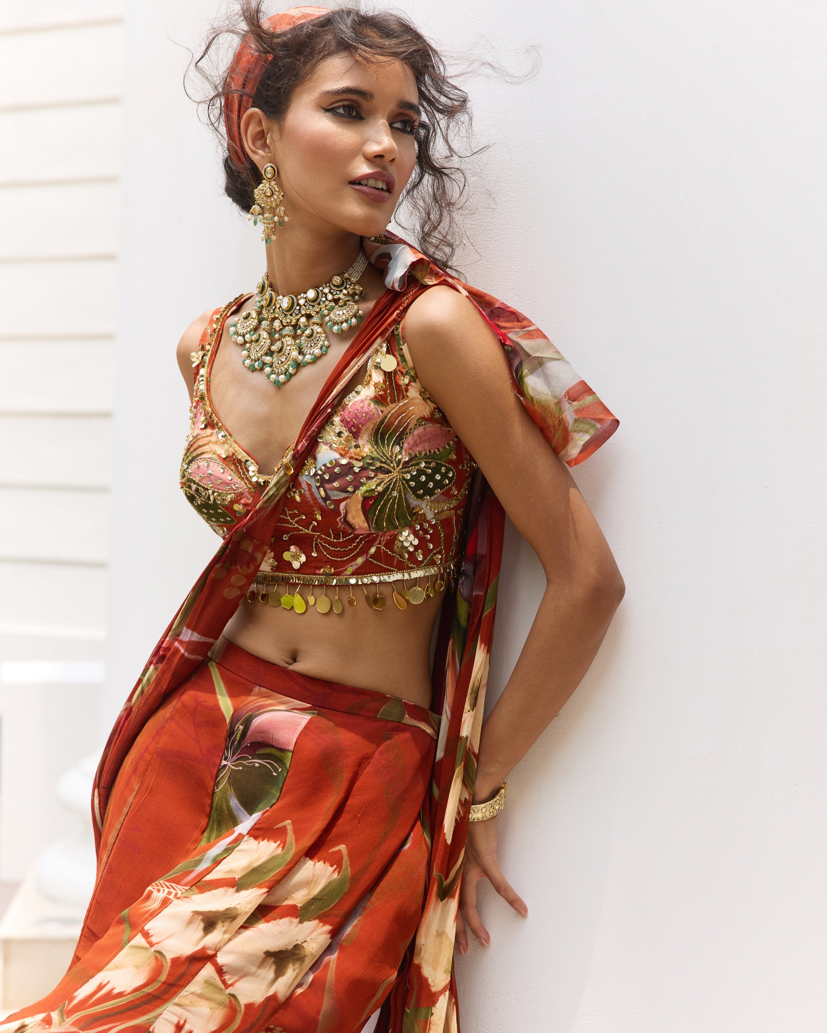 Rust Floral Print Mermaid Sari Set