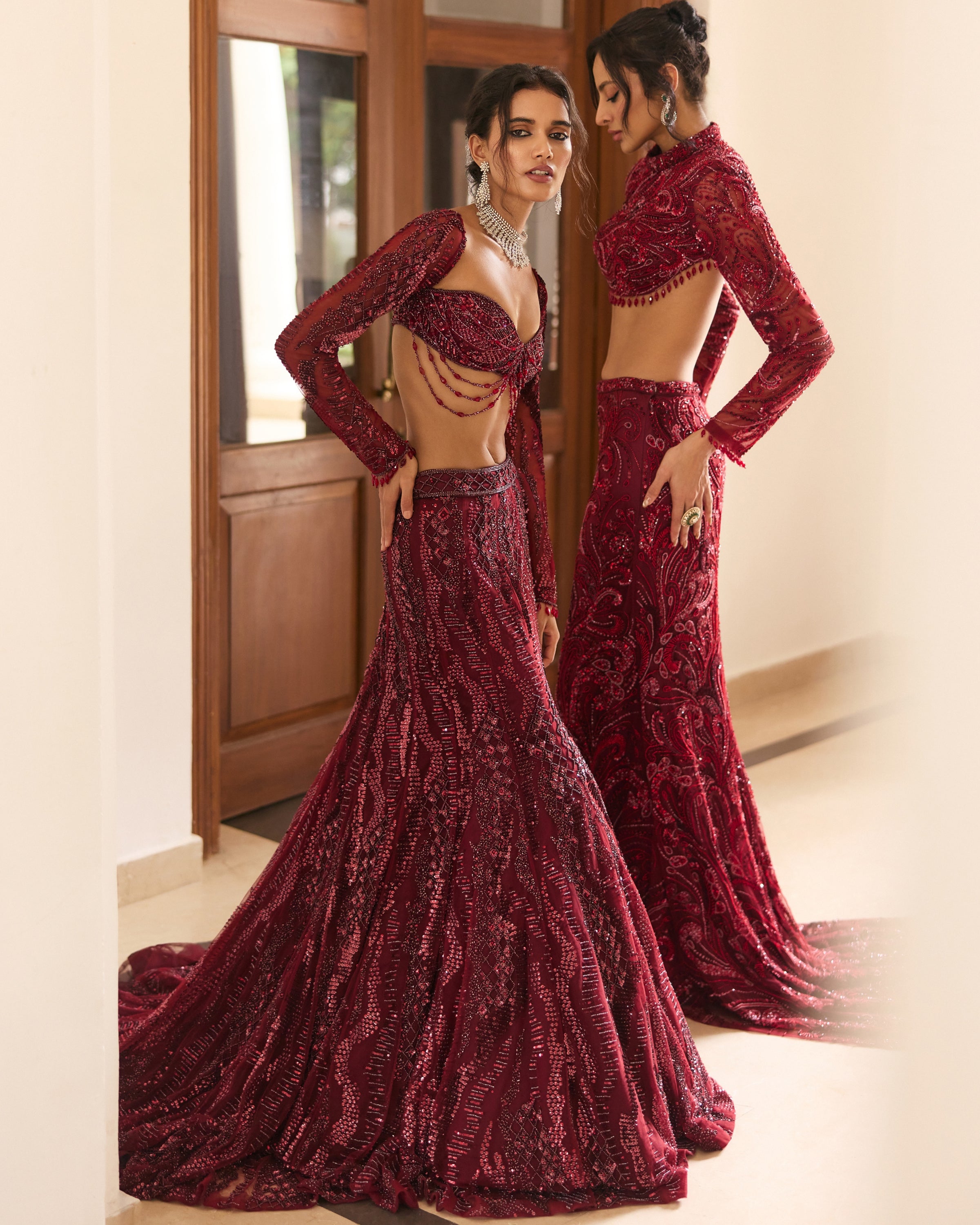 Maroon Embellished Mermaid Lehenga Set | DiyaRajvvir KYNAH Maroon Embellished Mermaid Lehenga Set | DiyaRajvvir KYNAH