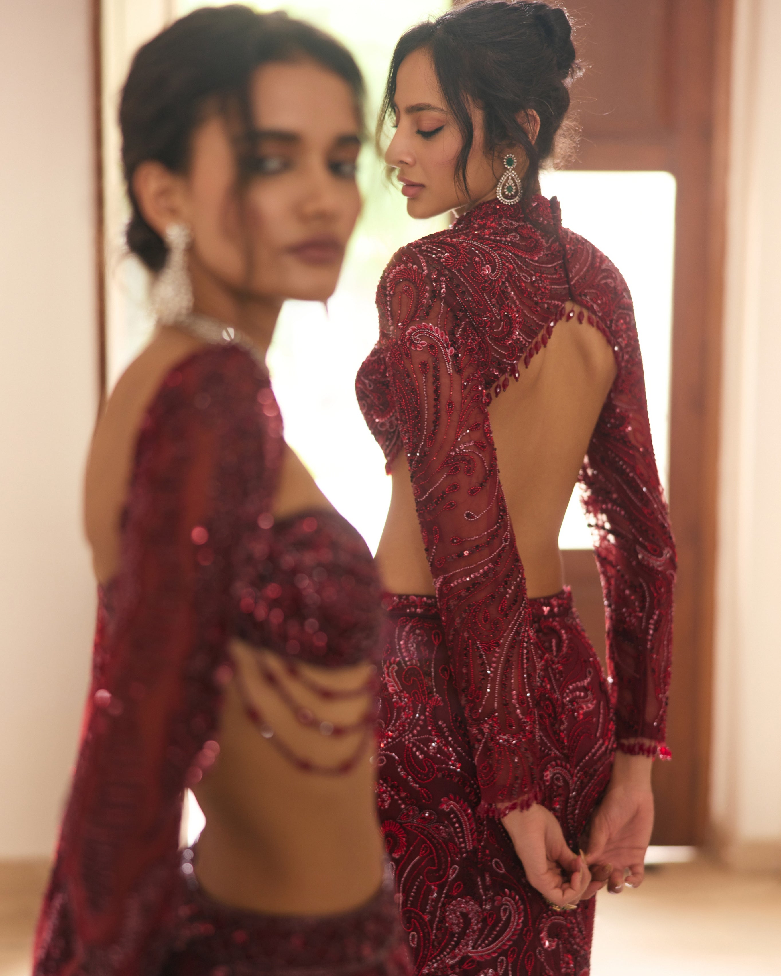 Maroon Embellished Trail Skirt Set