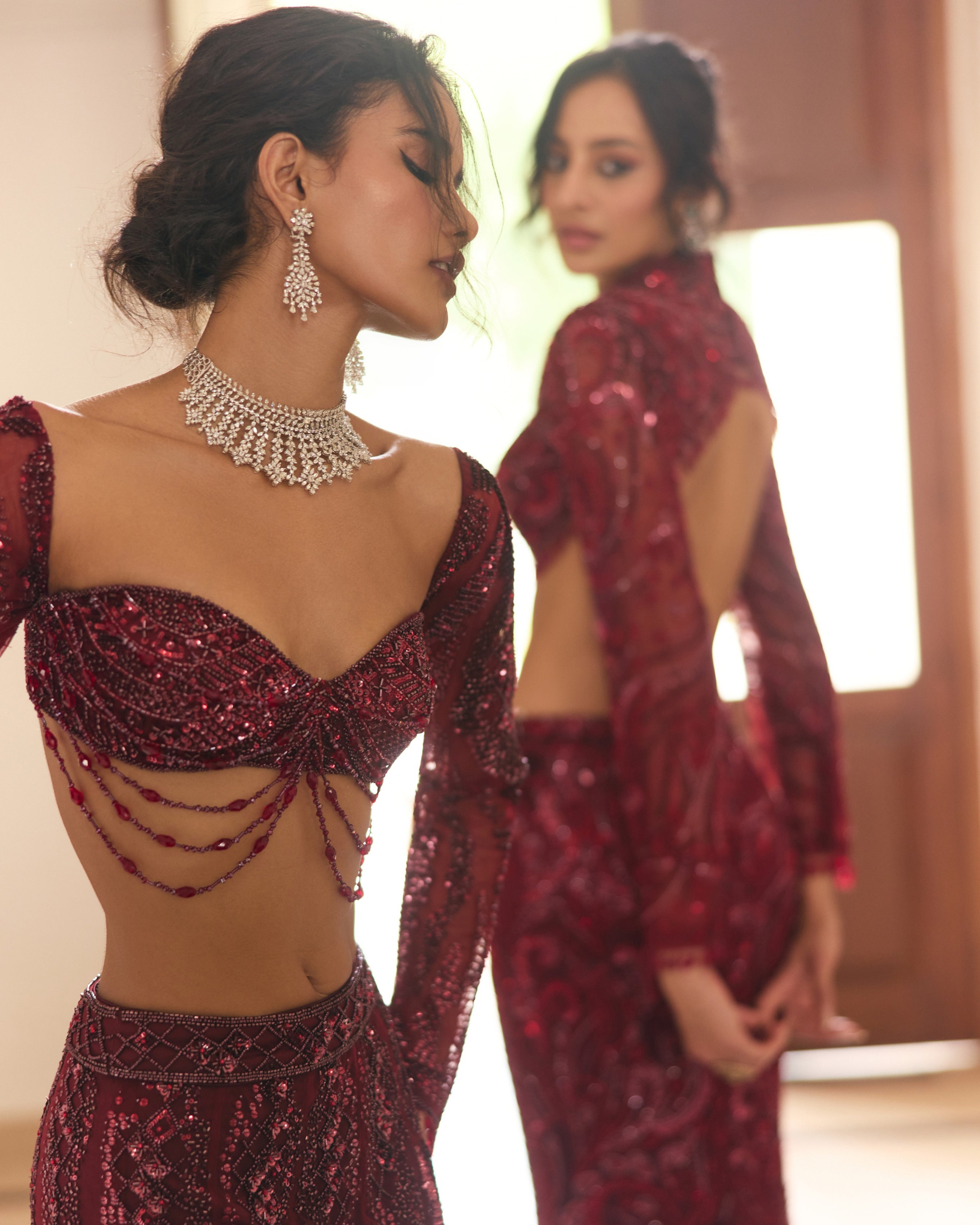 Maroon Embellished Mermaid Lehenga Set