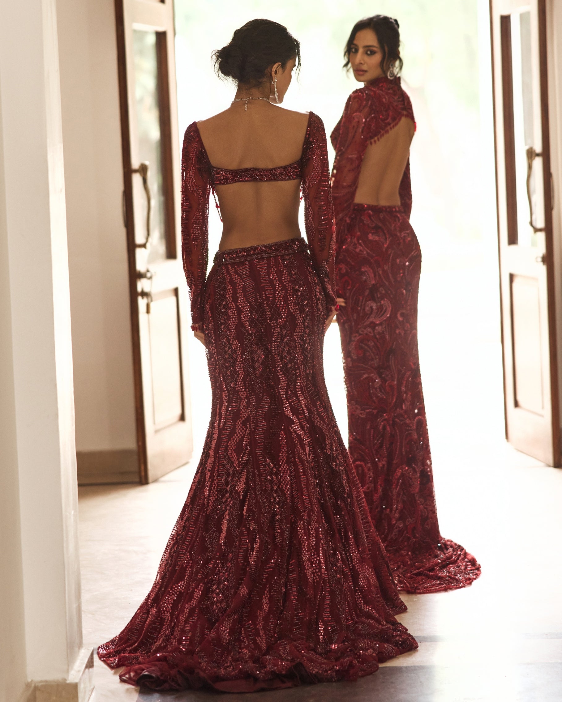 Maroon Embellished Trail Skirt Set