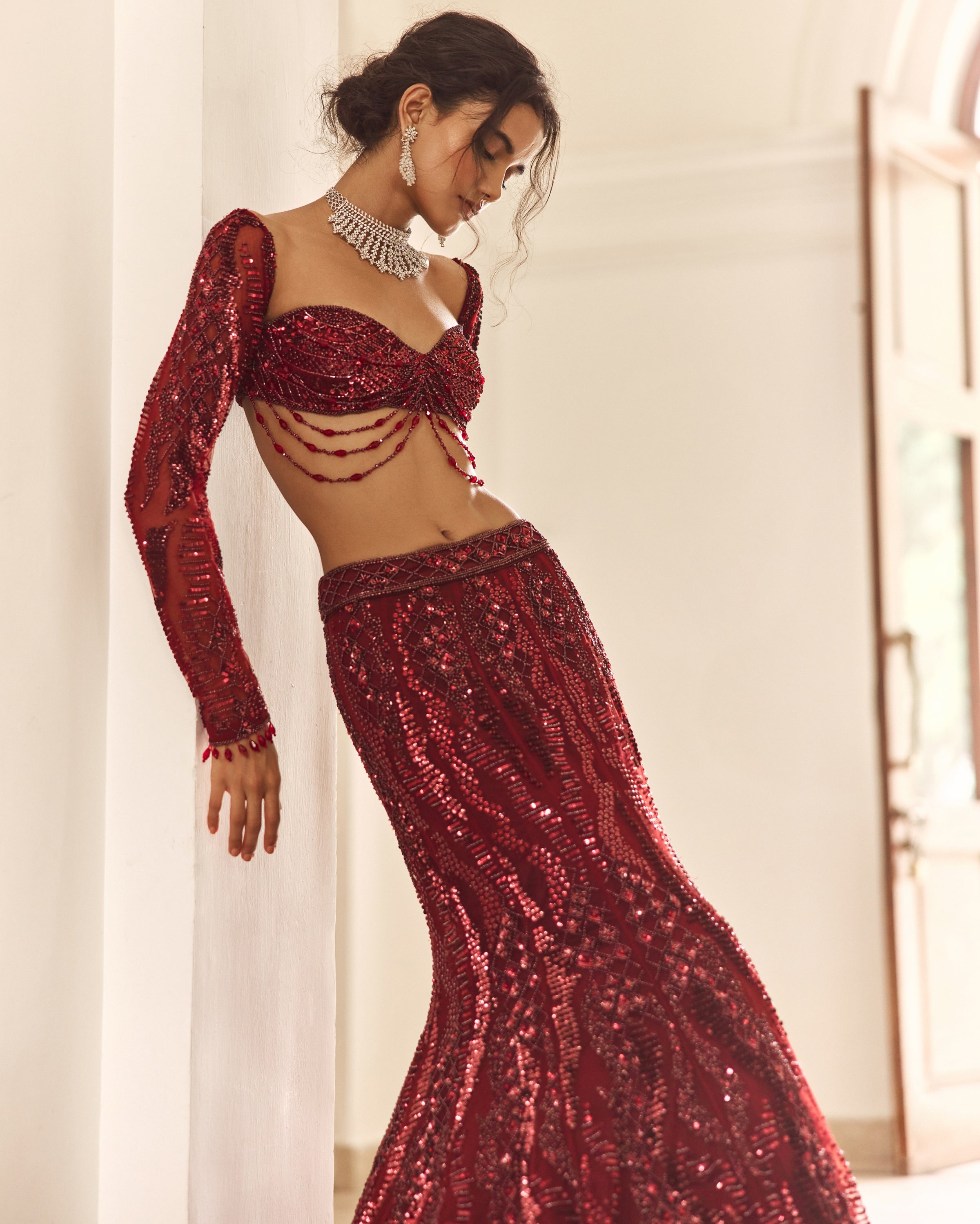 Maroon Embellished Mermaid Lehenga Set