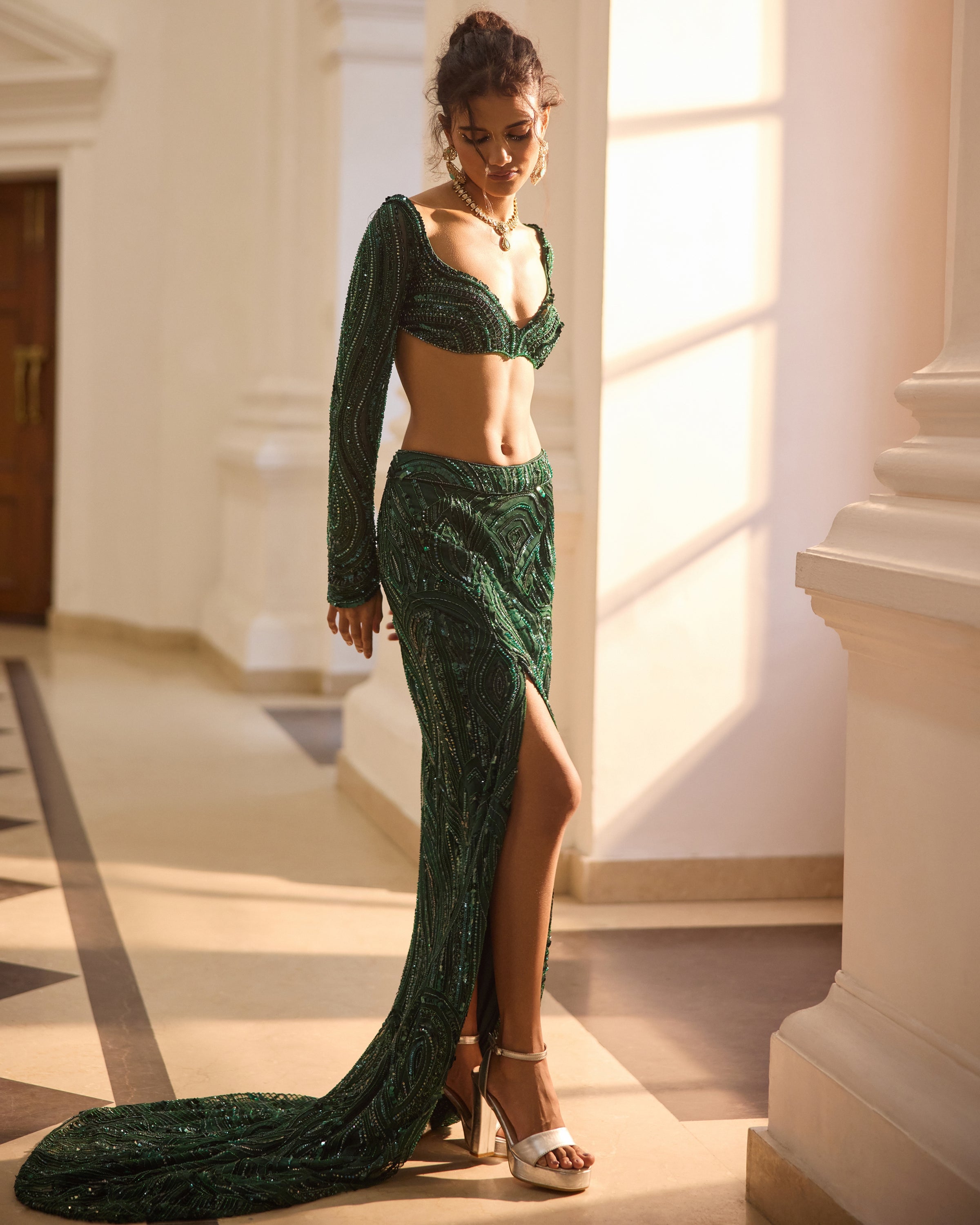 Emerald Green Embellished Slit Skirt Set