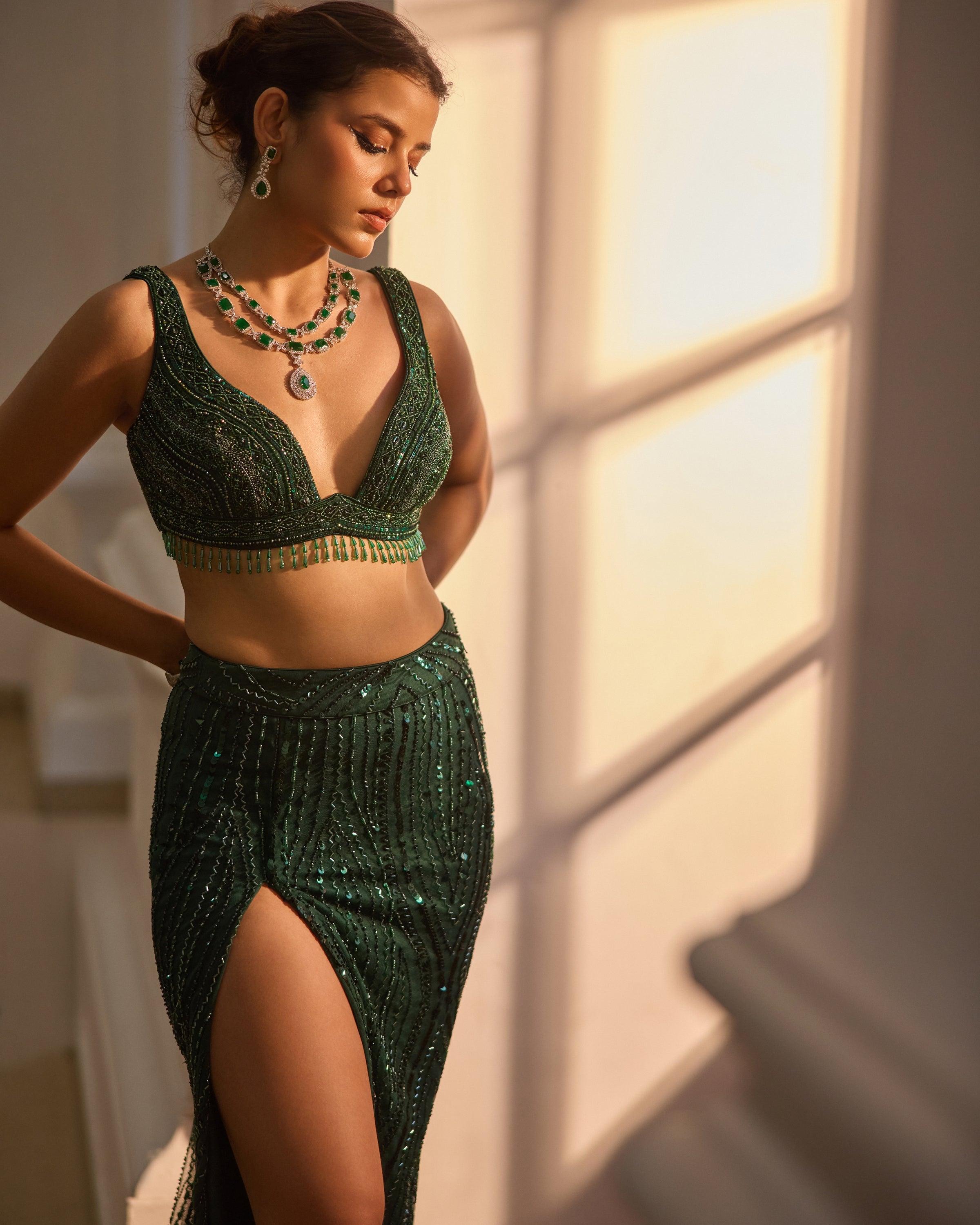 Emerald Green Embellished Trail Slit Skirt Set