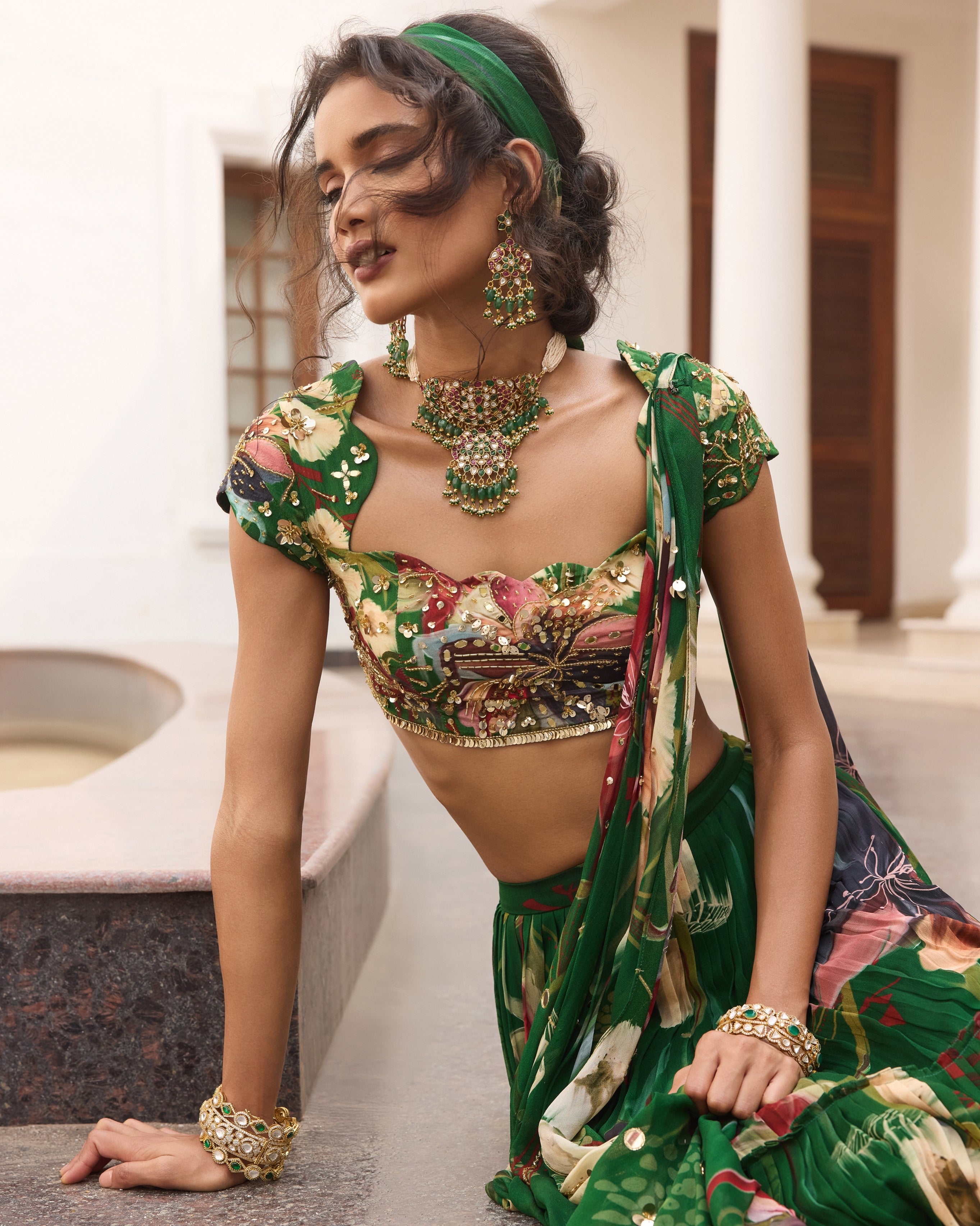 Green Floral Print And Skirt Sari Set