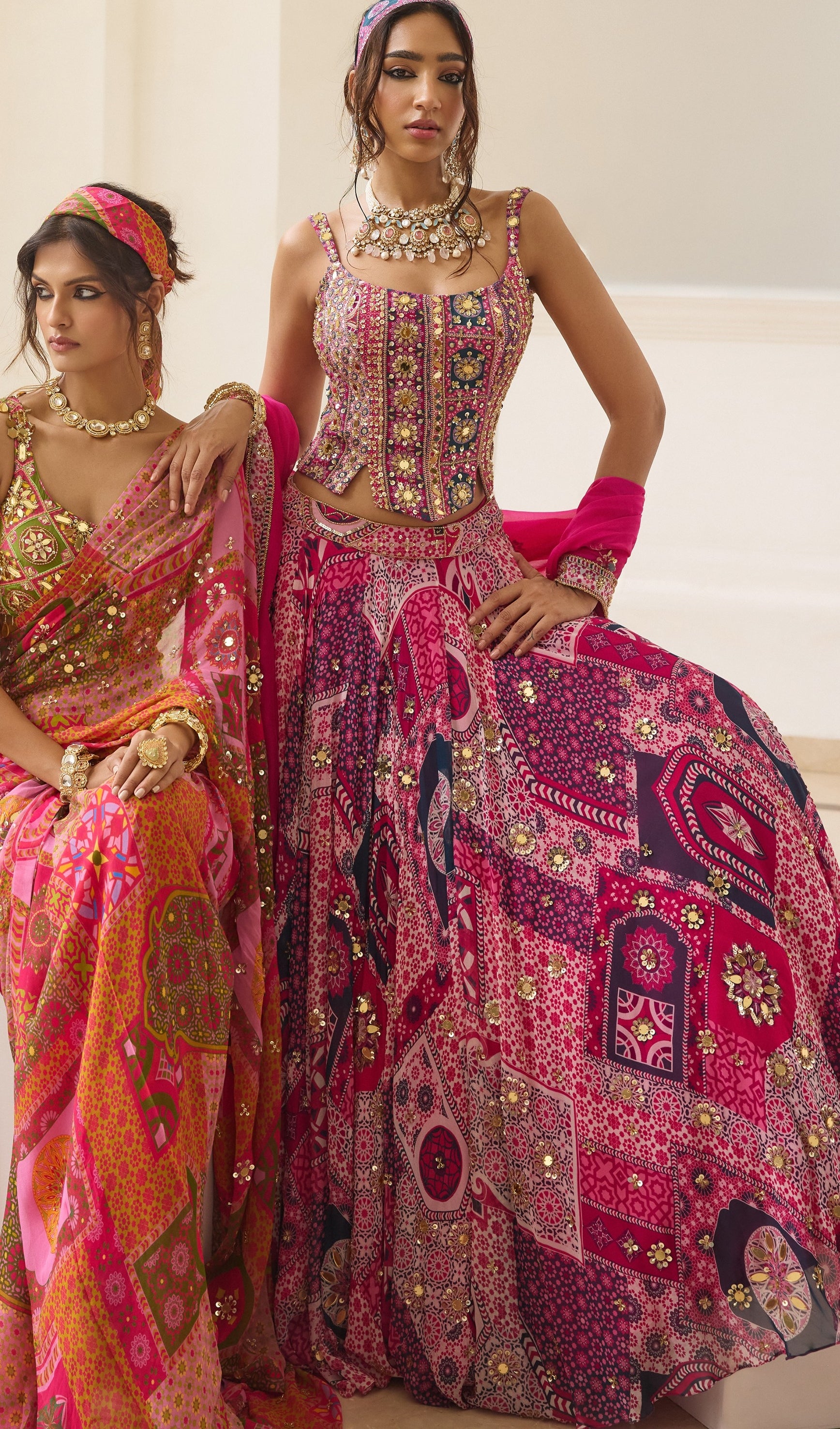 Fuchsia Print Lehenga With Corset Set