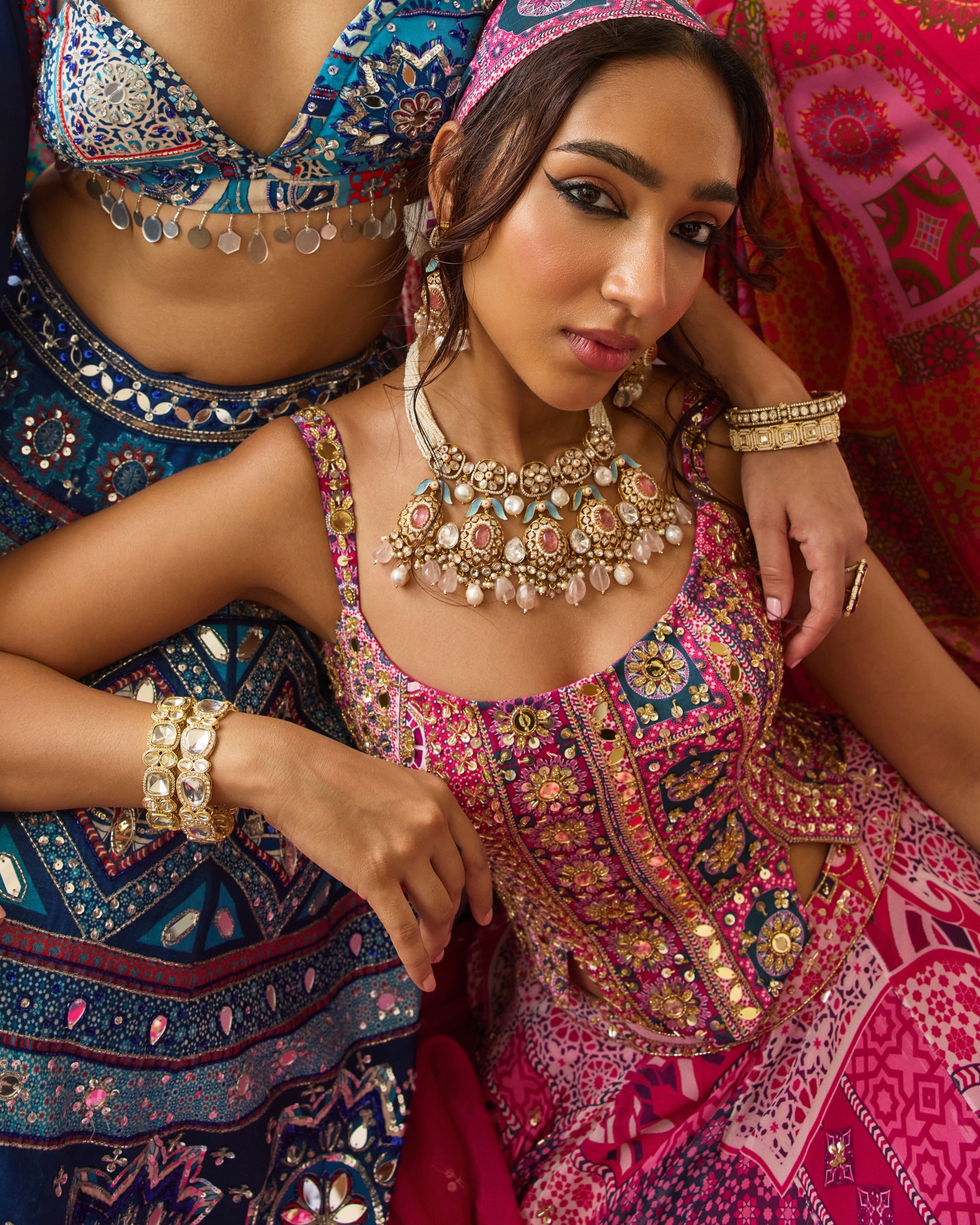 Fuchsia Print Lehenga With Corset Set