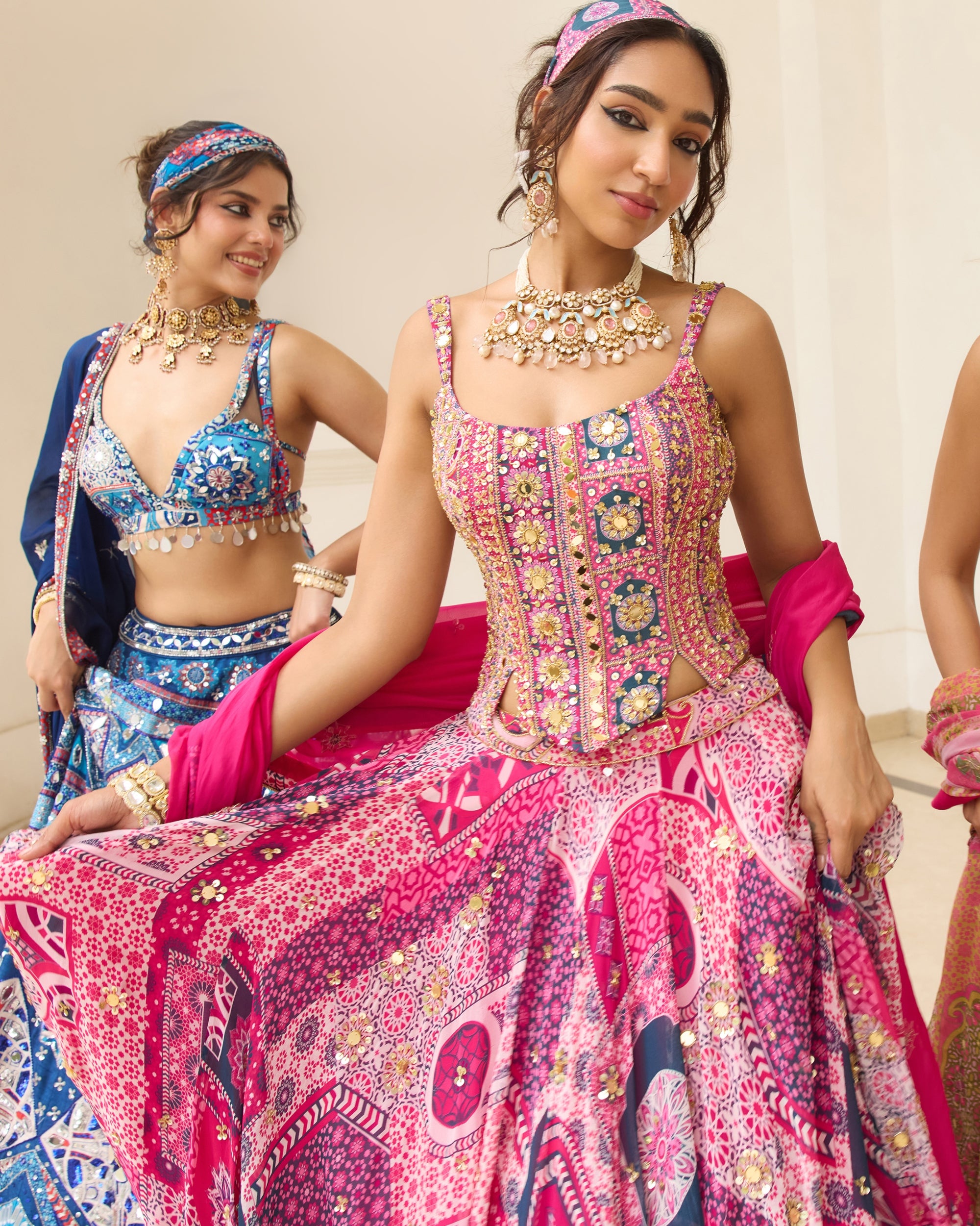 Fuchsia Print Lehenga With Corset Set