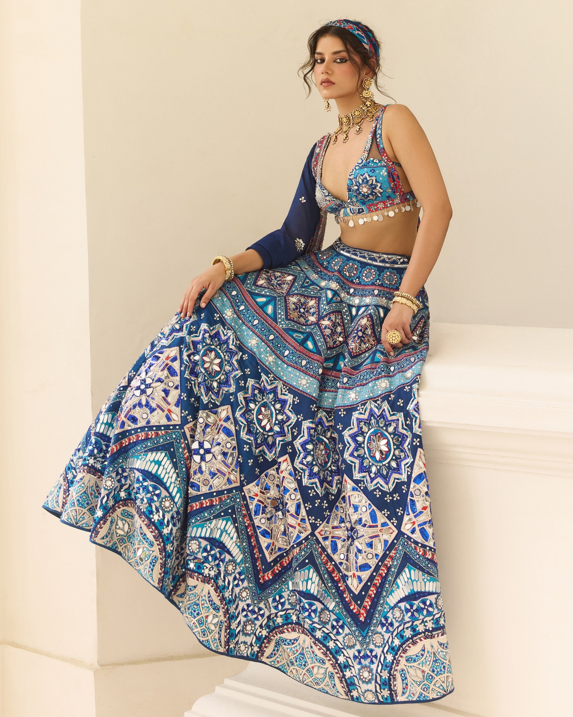 Teal Print And Highlighted Lehenga Set