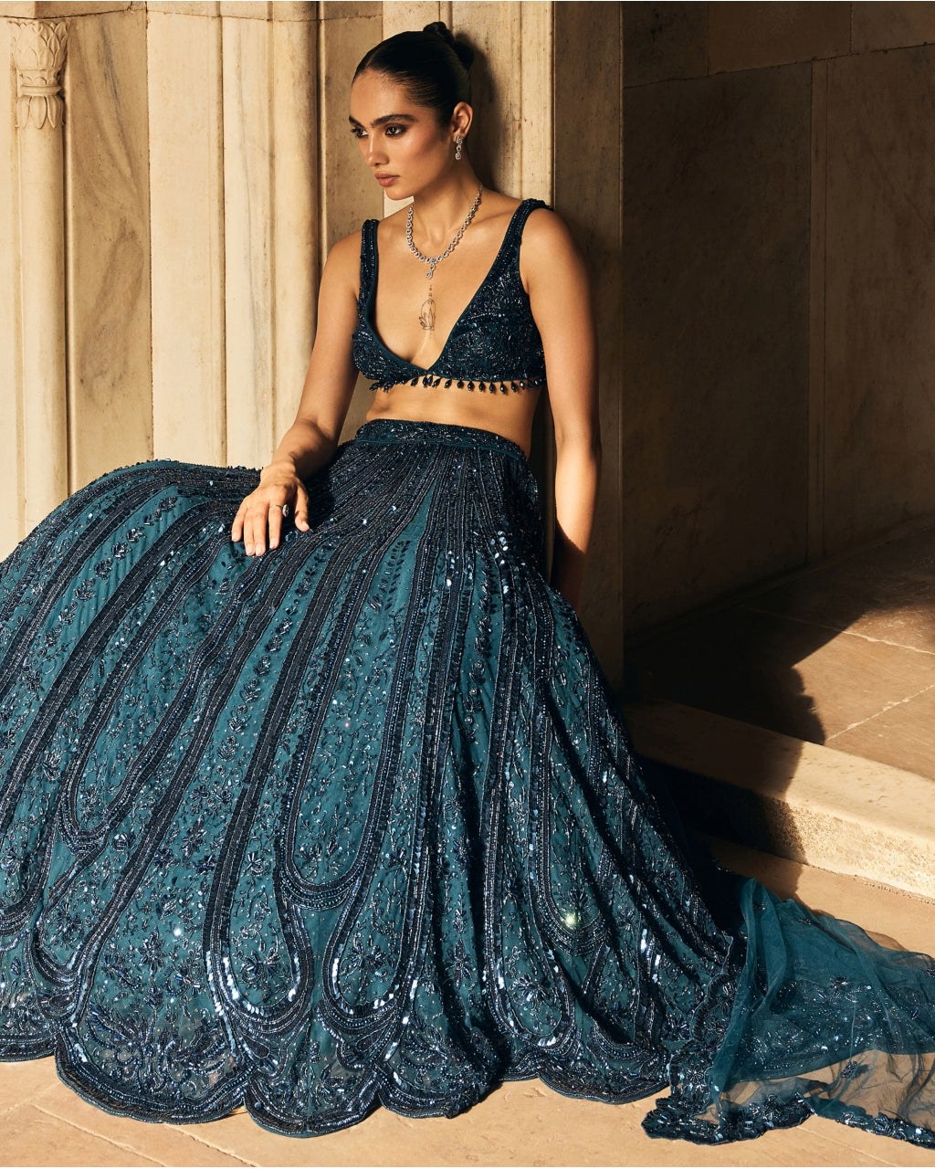 Teal Blue Embellished Lehenga Set