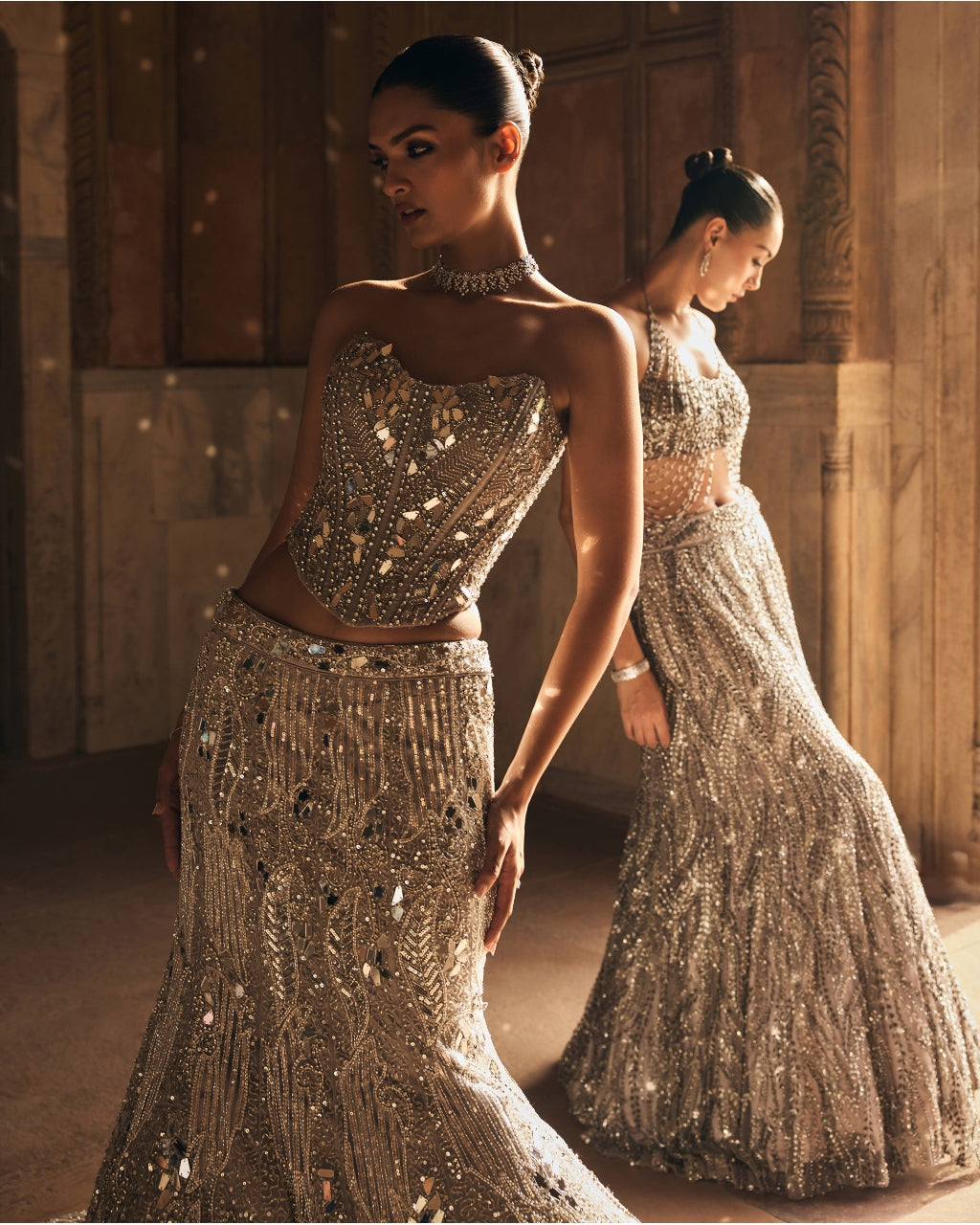 Silver Mirror Embellished Trail Mermaid Skirt Set