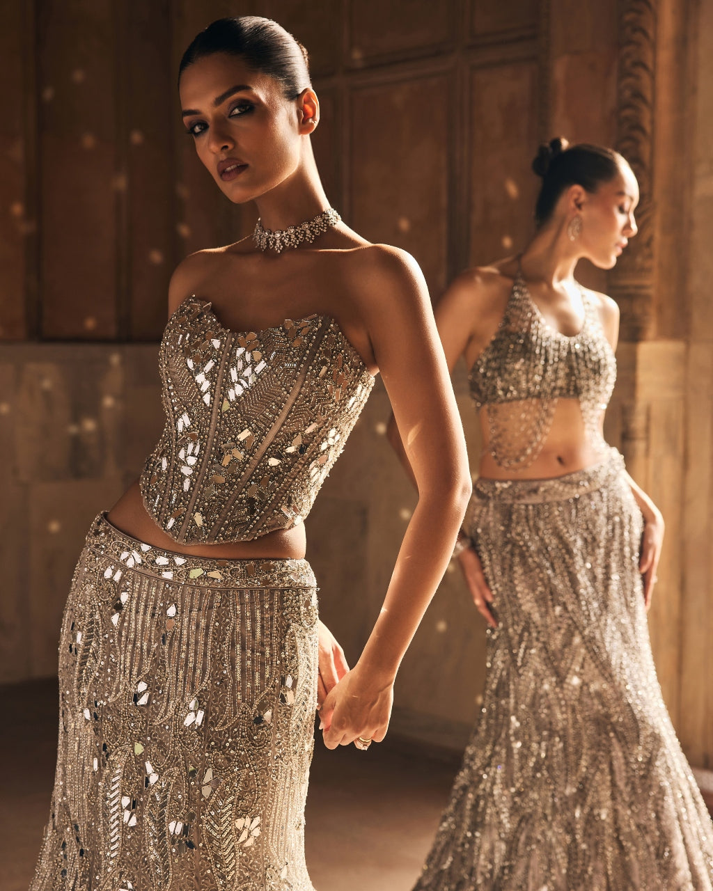 Silver Mirror Embellished Trail Mermaid Skirt Set