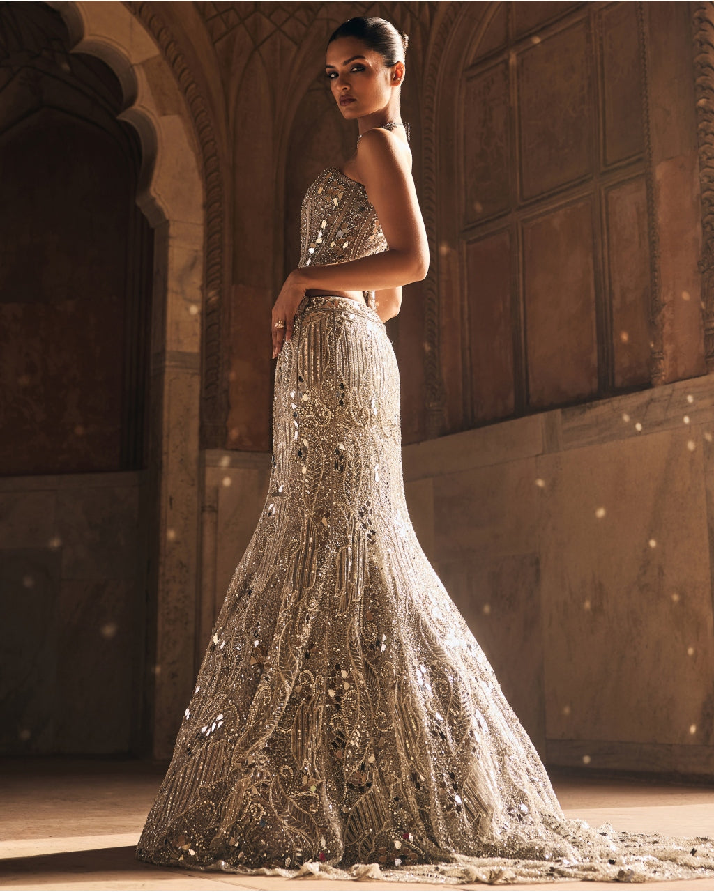 Silver Mirror Embellished Trail Mermaid Skirt Set