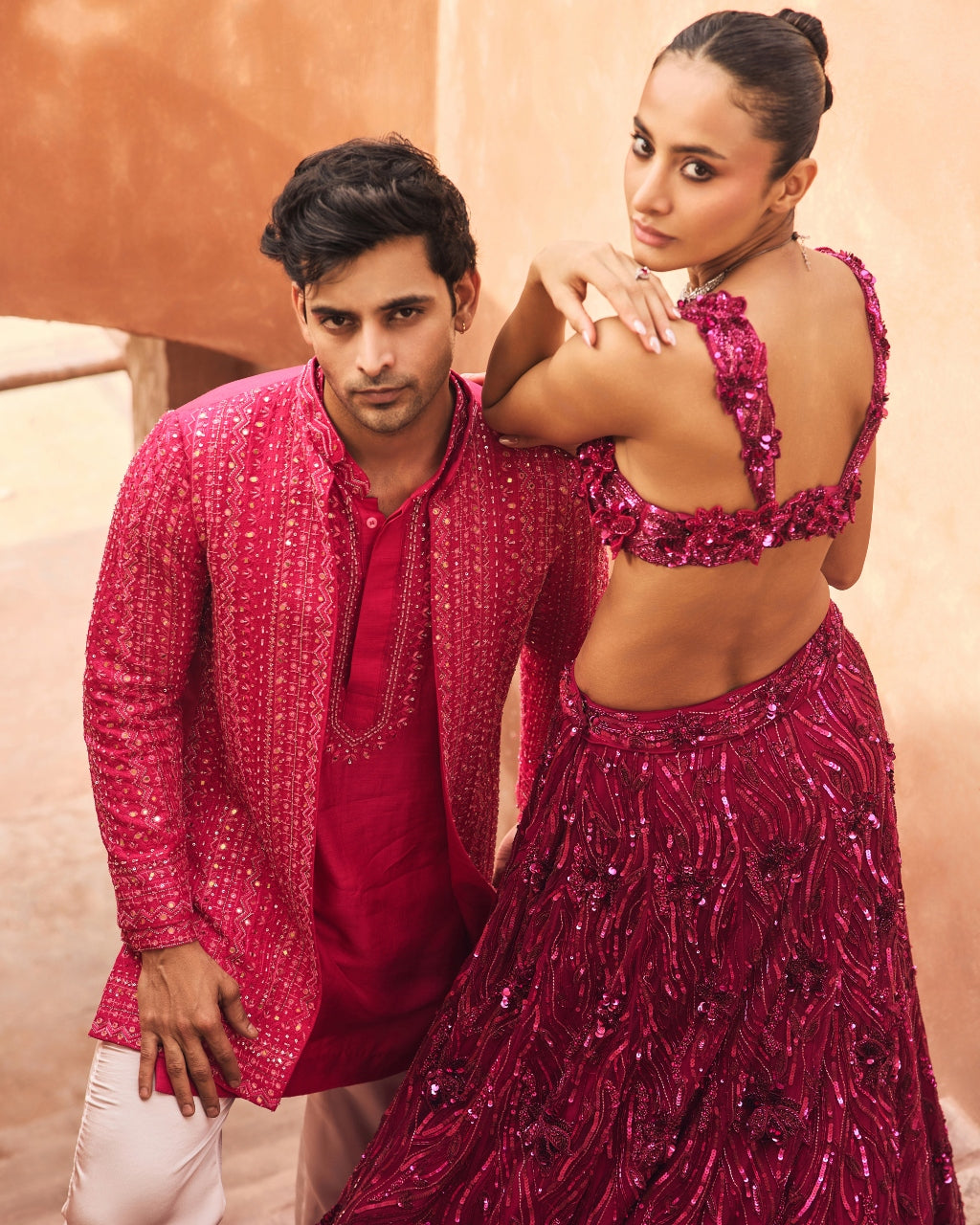 Fuschia Pink 3-D Embellished Lehenga Set
