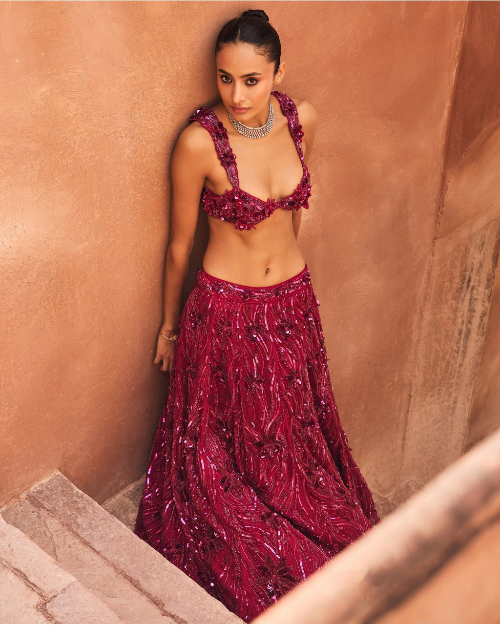 Fuschia Pink 3-D Embellished Lehenga Set