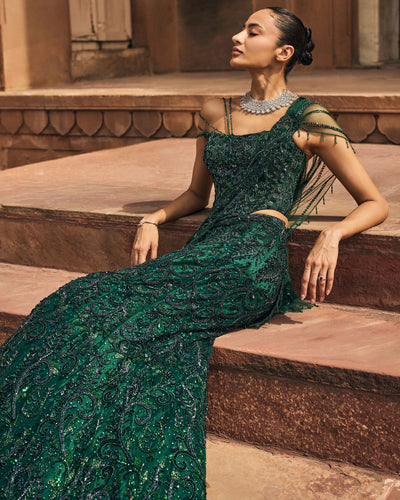 Bottle Green Embellished Corset Sari Set
