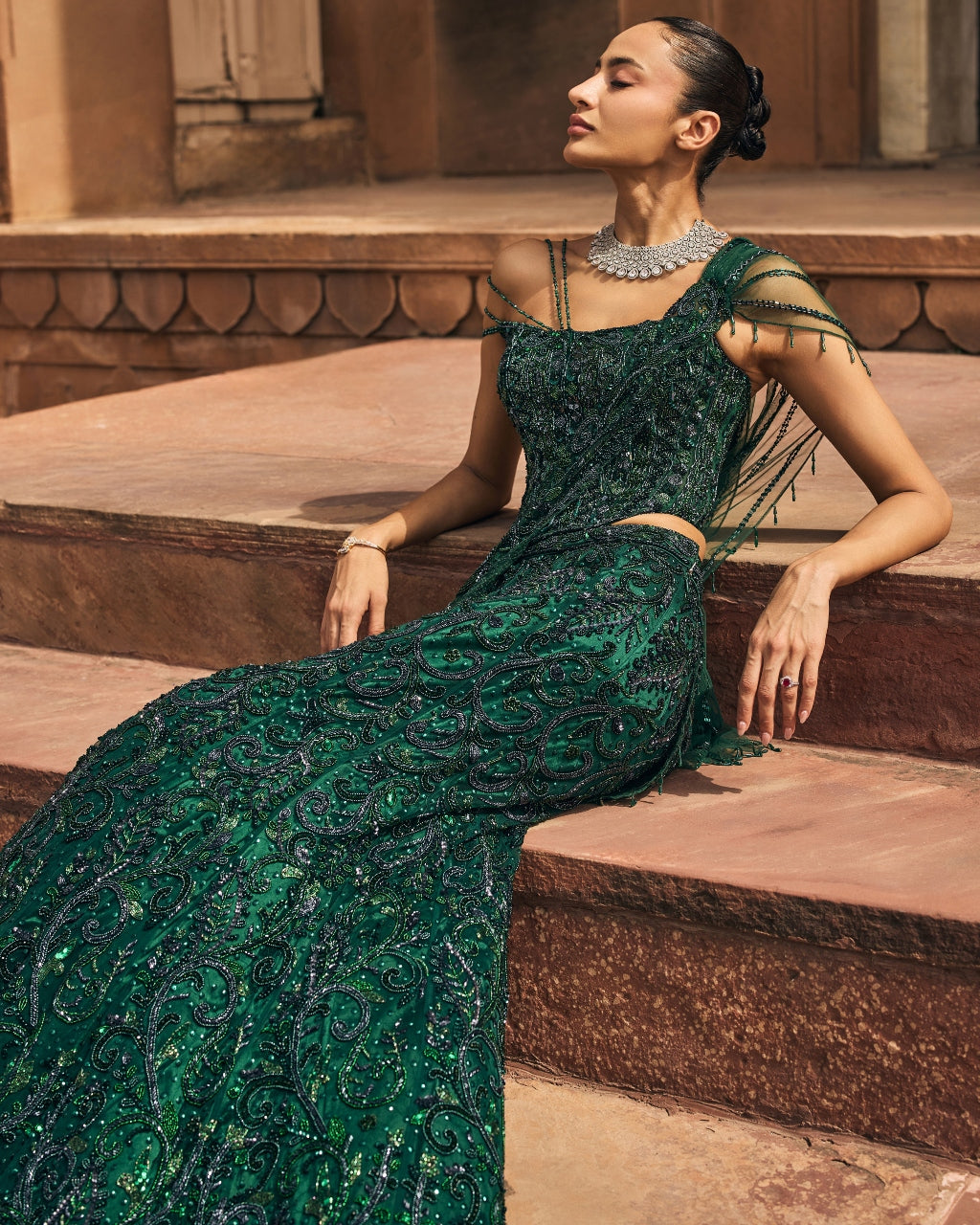 Bottle Green Embellished Corset Sari Set