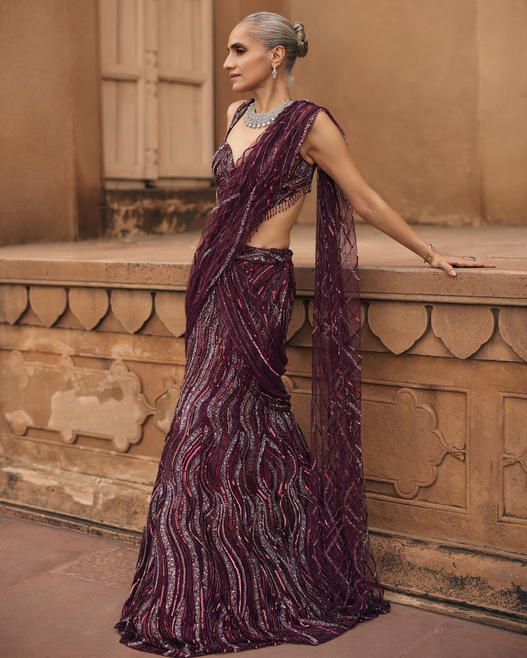 Plum Wave Embellished Sari Set