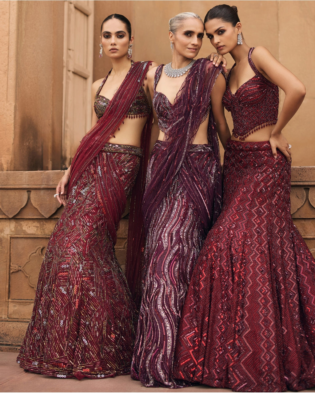 Maroon Abstract Embellished Sari Set