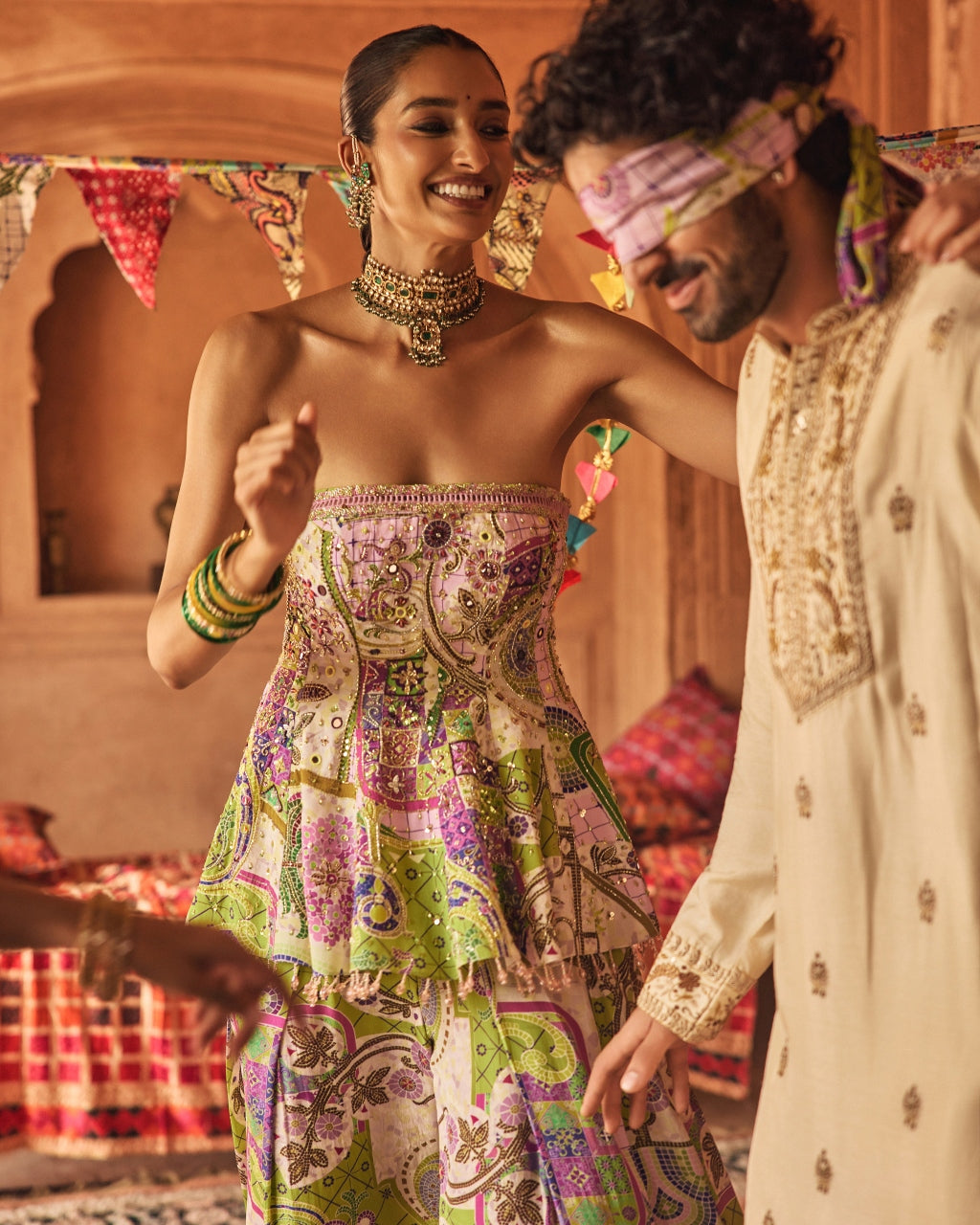Bubblegum Mosaic Peplum Kurti With Box-Pleat Pants & Draped Dupatta Set