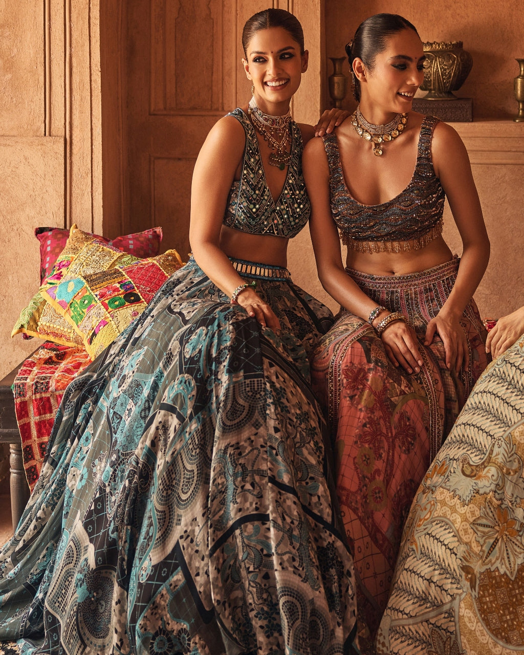 Teal & Black Embroidered Blouse With Printed Lehenga & Dupatta Set