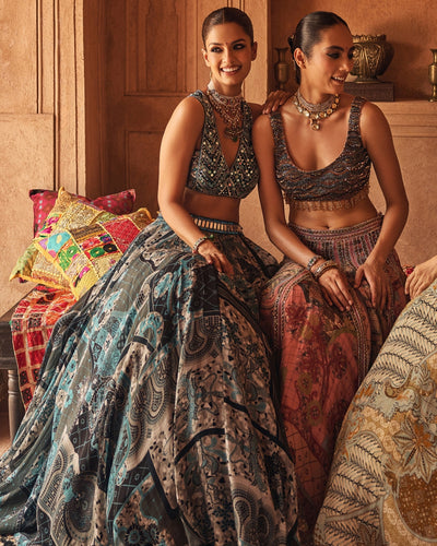 Teal & Black Embroidered Blouse With Printed Lehenga & Dupatta Set