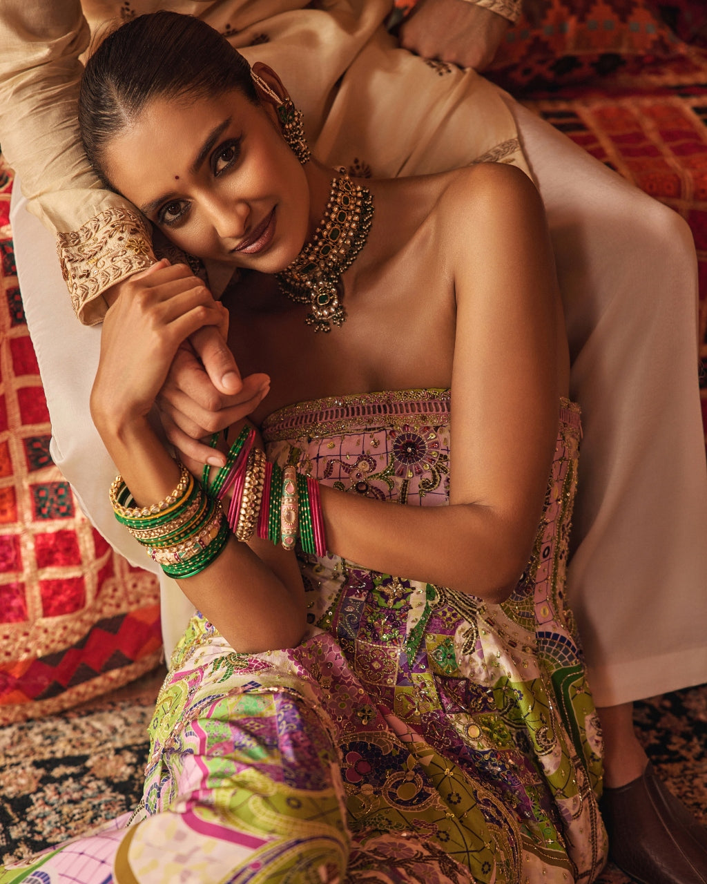 Bubblegum Mosaic Peplum Kurti With Box-Pleat Pants & Draped Dupatta Set