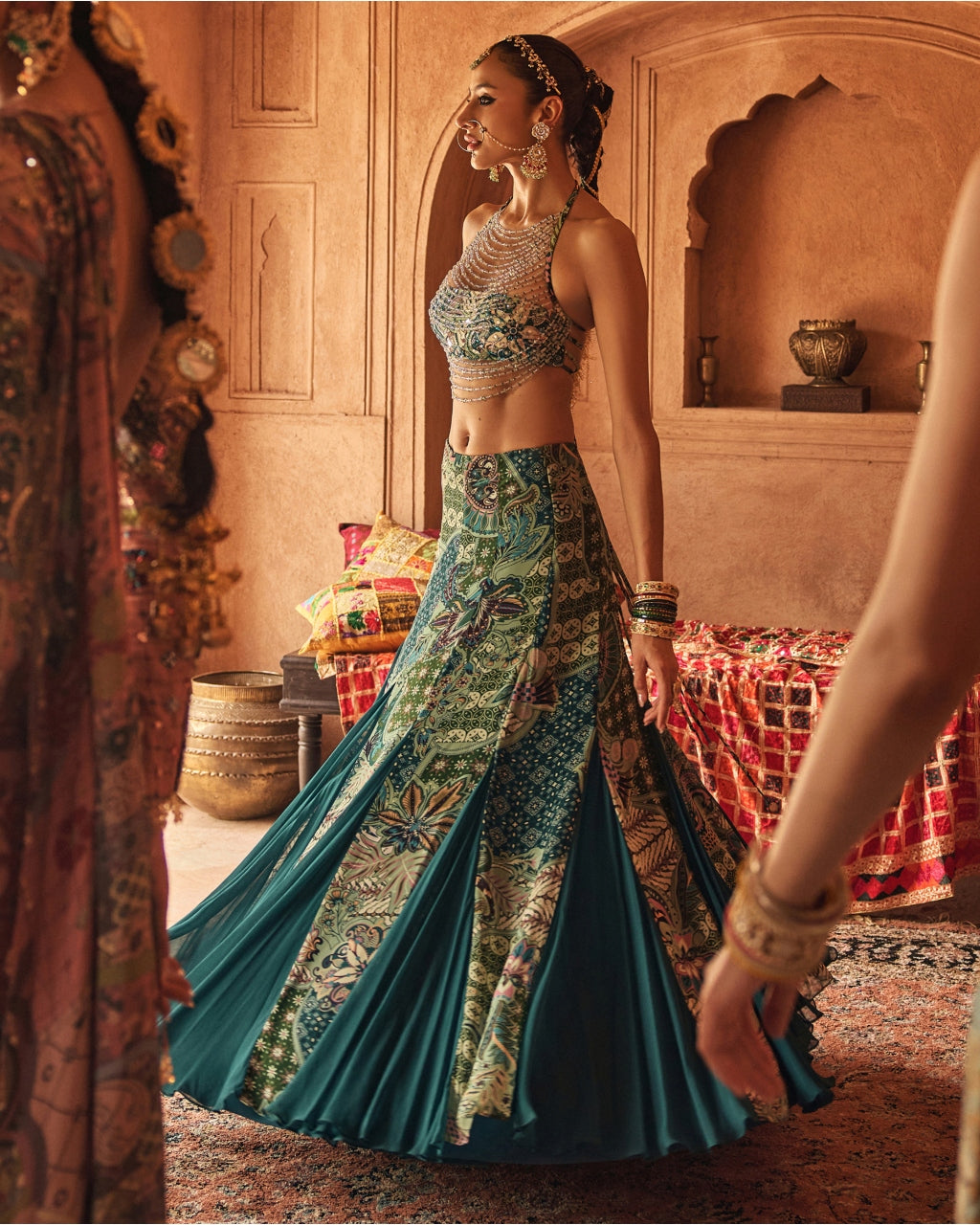 Jeweled Green Halter Blouse With Flared Godet Skirt Set