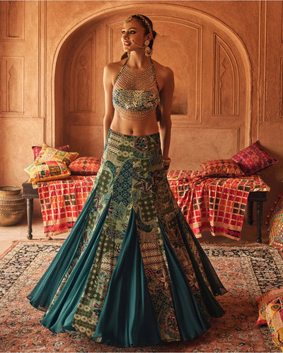 Jeweled Green Halter Blouse With Flared Godet Skirt Set
