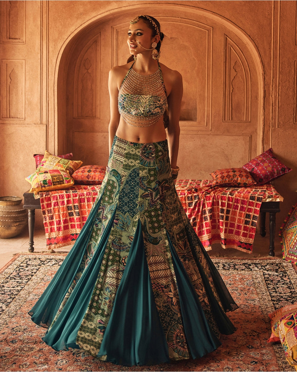 Jeweled Green Halter Blouse With Flared Godet Skirt Set
