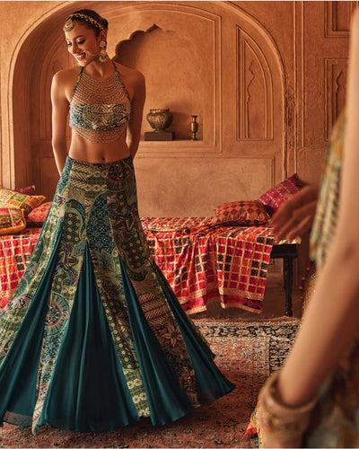 Jeweled Green Halter Blouse With Flared Godet Skirt Set